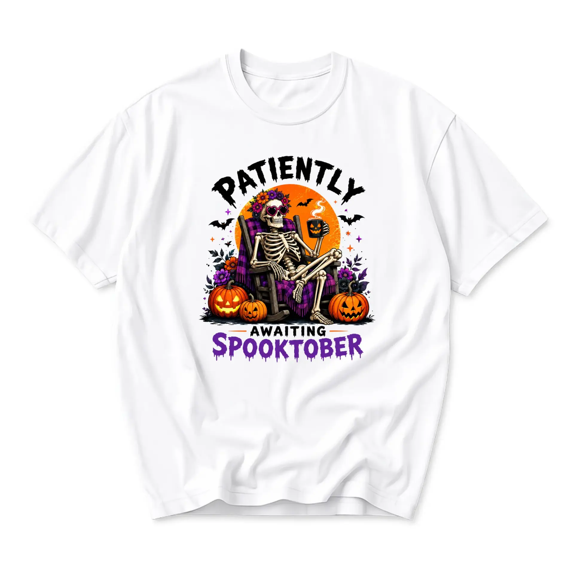 Funny Shirt Patiently Awaiting Spooktober Skeleton Graphic Tee Casual Unisex Crew Neck Holiday Fall Seasonal Apparel