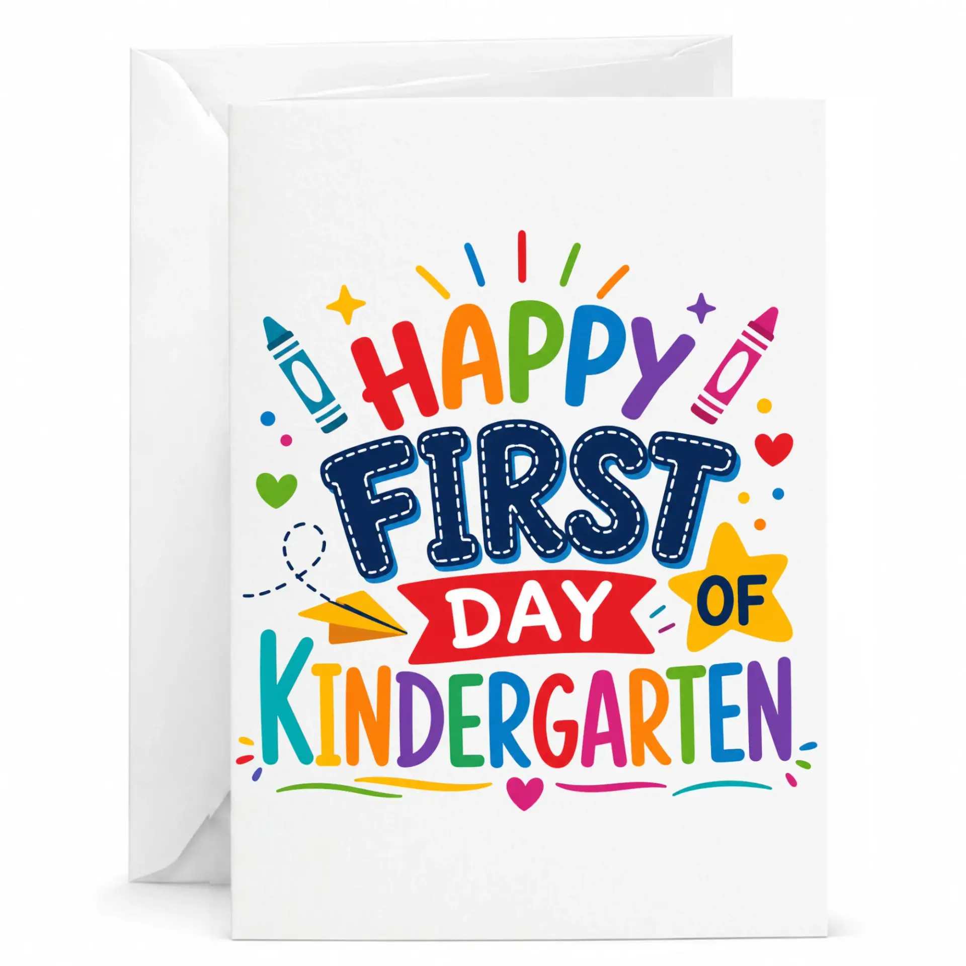 Greeting Card Happy First Day of Kindergarten Colorful School Stationery with Matching White Envelope