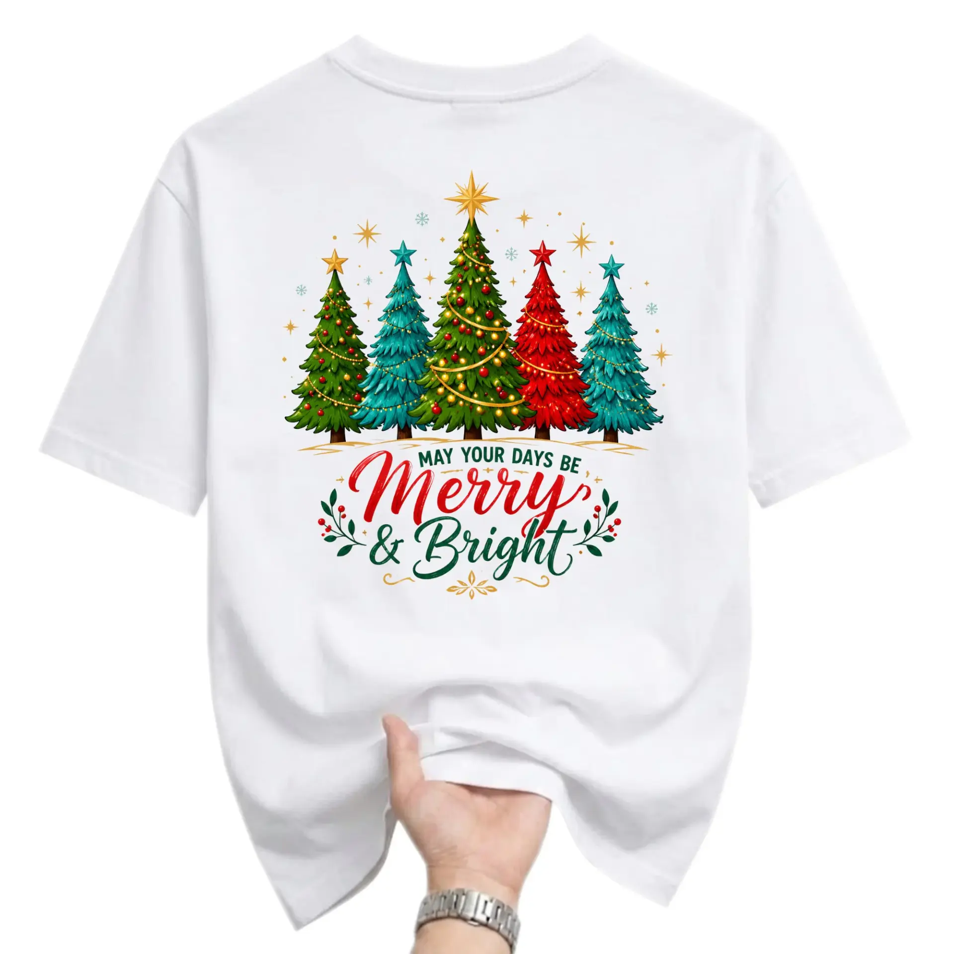 Graphic Tee Merry and Bright Christmas Tree Design Unisex Casual Short