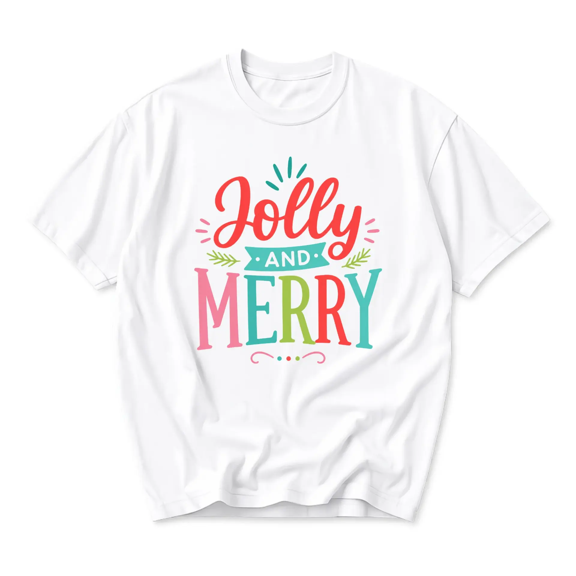 Graphic Tee Jolly and Merry Holiday Phrase Short Sleeve Unisex Crew Neck Casual Shirt for Seasonal Festive Wear