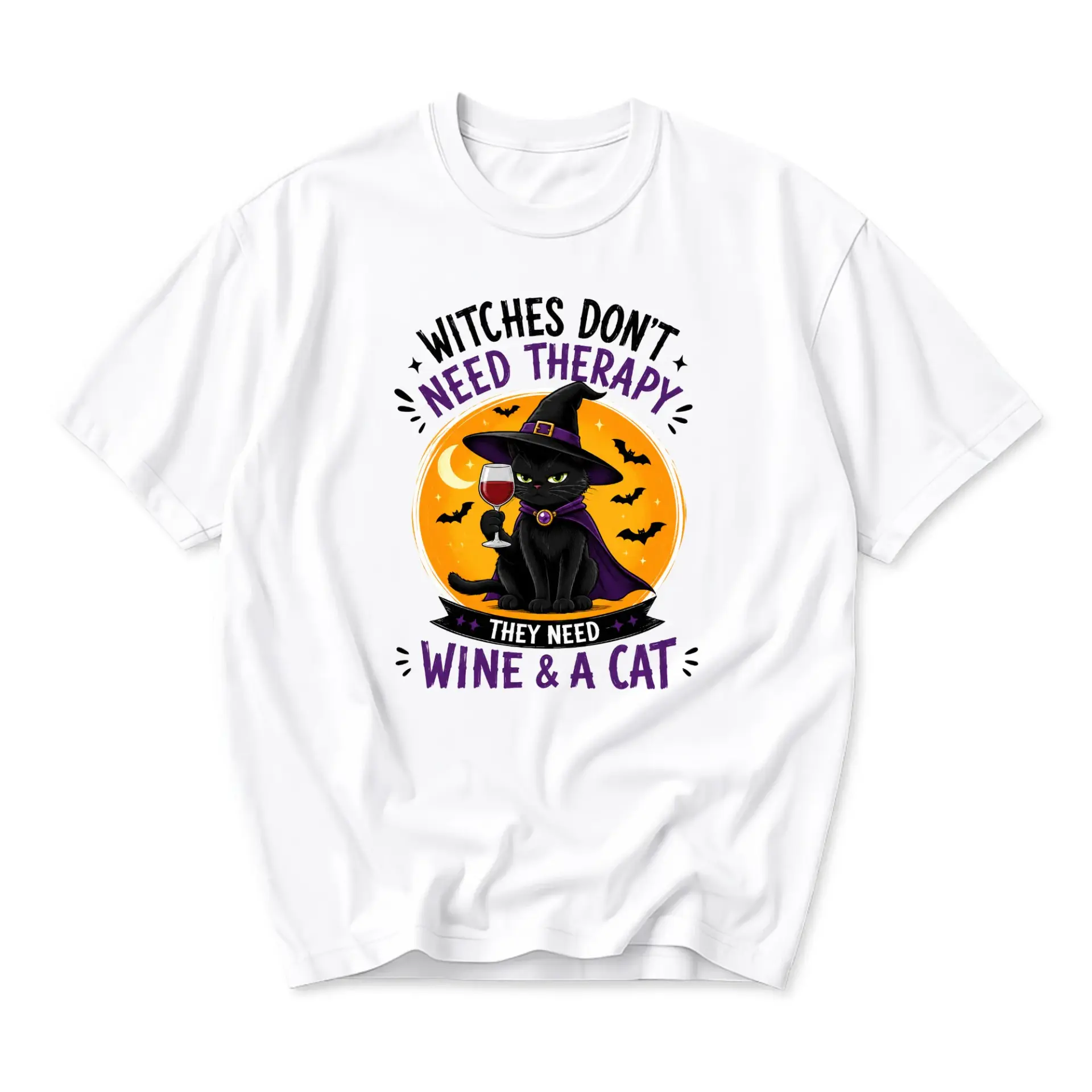 Funny Shirt Witches Dont Need Therapy Wine and a Cat Graphic Tee Unisex Crew Neck Casual Everyday Wear Soft Cotton Top