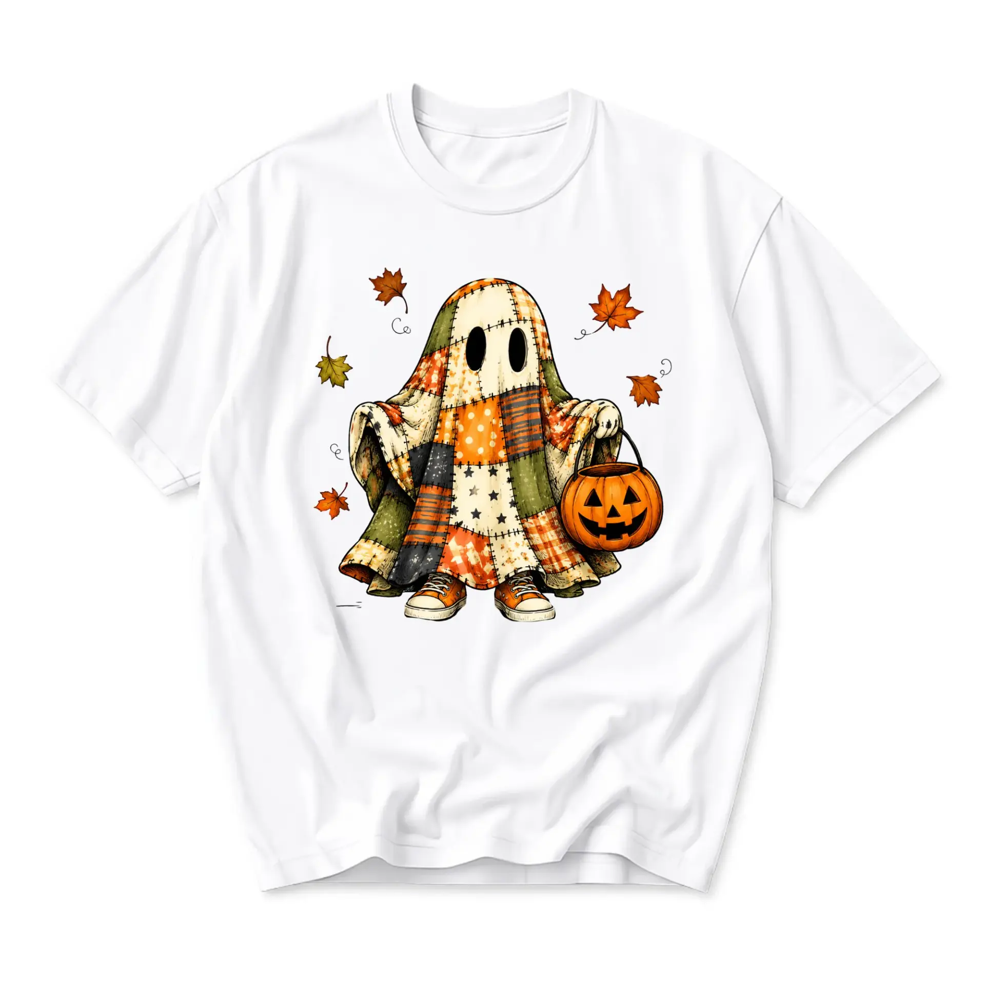 Graphic Tee Patchwork Ghost Wearing Sneakers Holding a Pumpkin Bucket for Fall Casual Wear Unisex Crew Neck T-Shirt