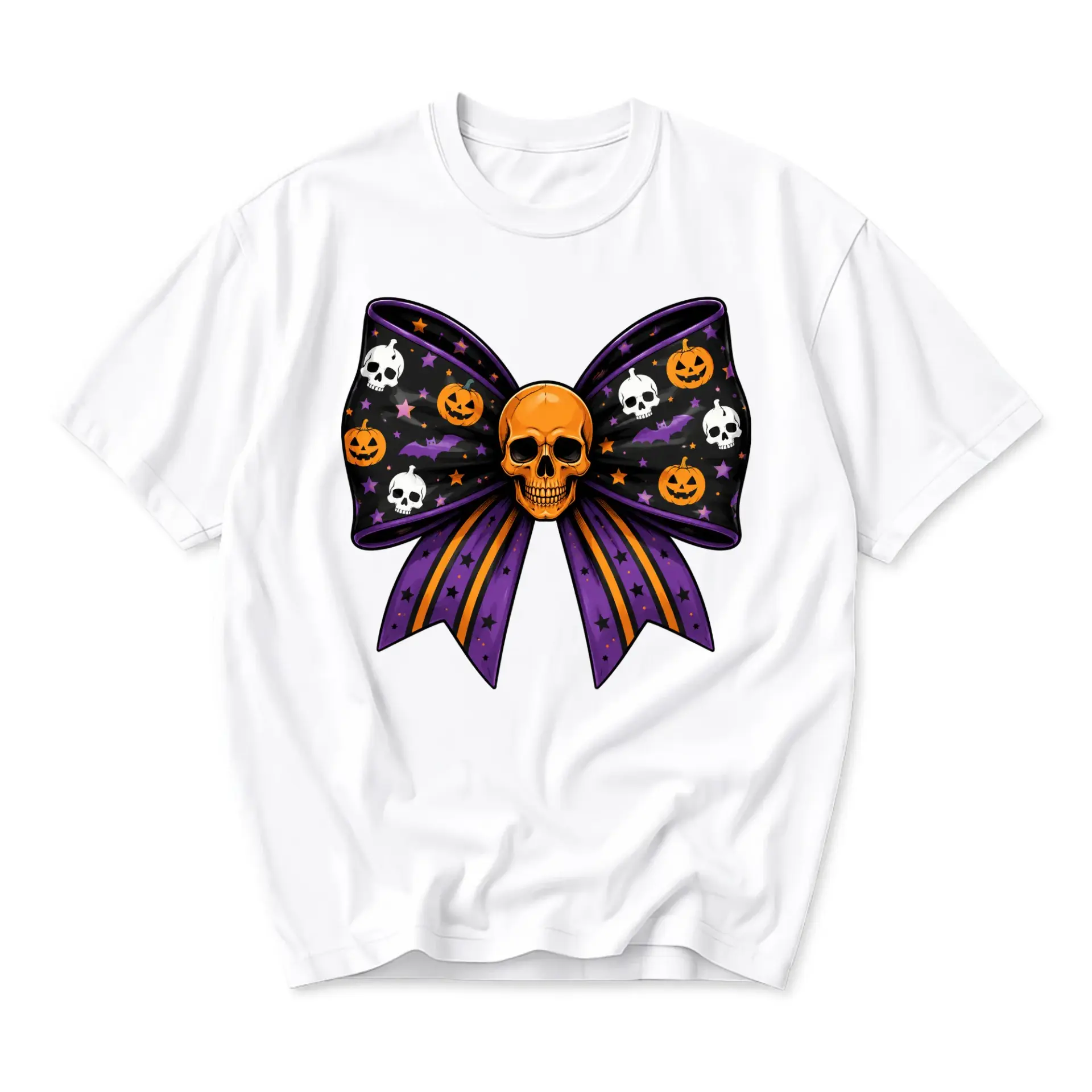 Graphic Tee Unisex Crew Neck T-Shirt Featuring Spooky Halloween Bow Design with Skulls and Pumpkins Graphic Art