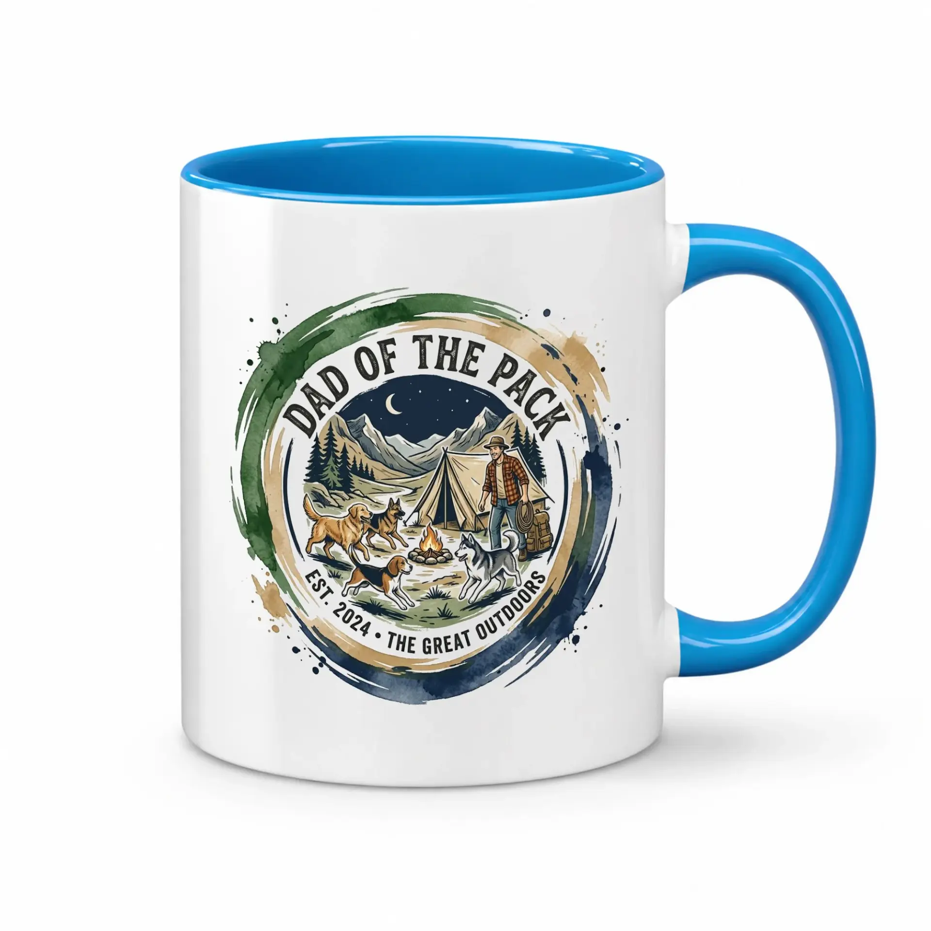 Funny Camping Adventure Coffee Mug Dad of Gift Featuring Artistic Mountain and Pet Dog Nature Illustration