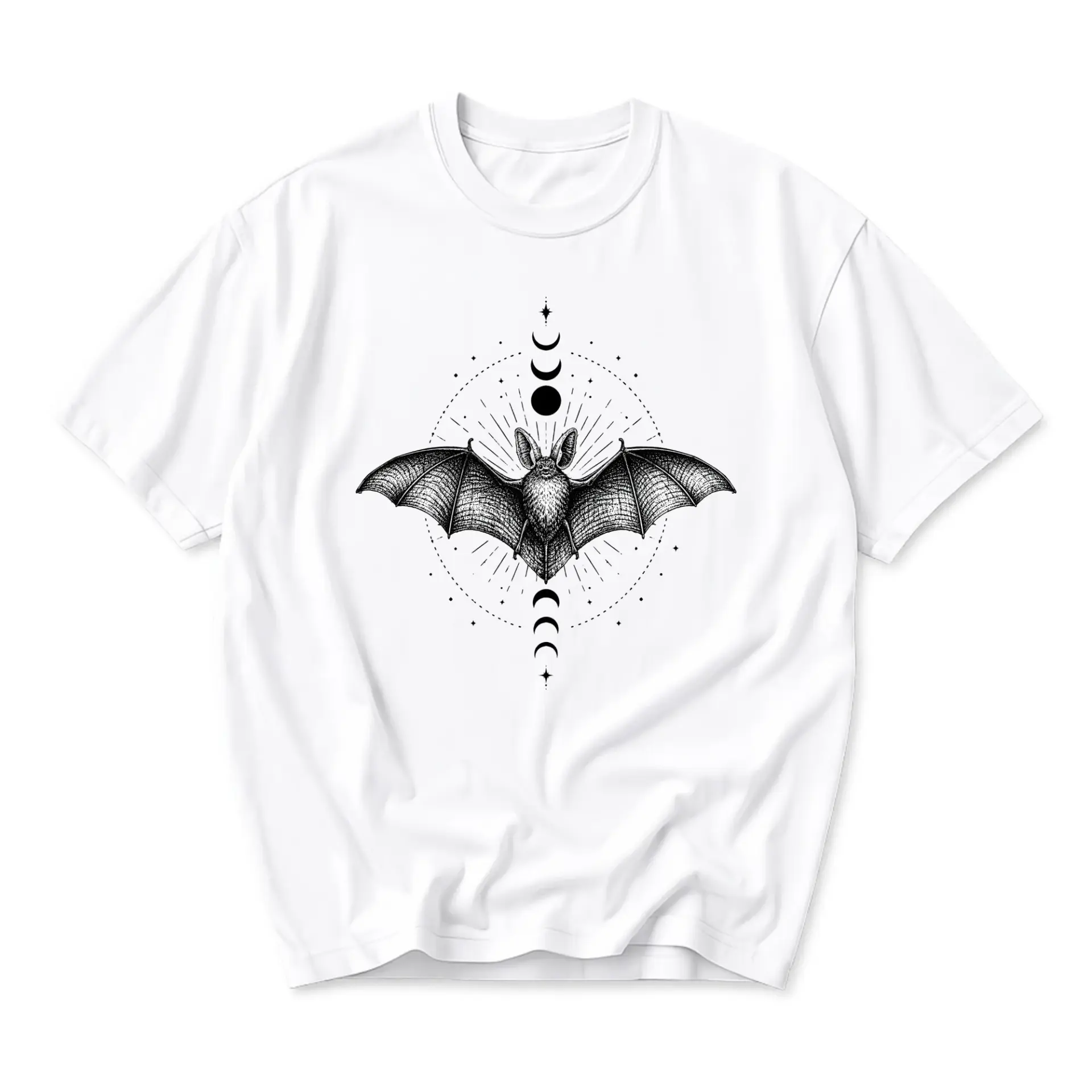 Graphic Tee Bat Moon Phases Illustration Unisex Crew Neck Short Sleeve Shirt for Casual Everyday Apparel and Style
