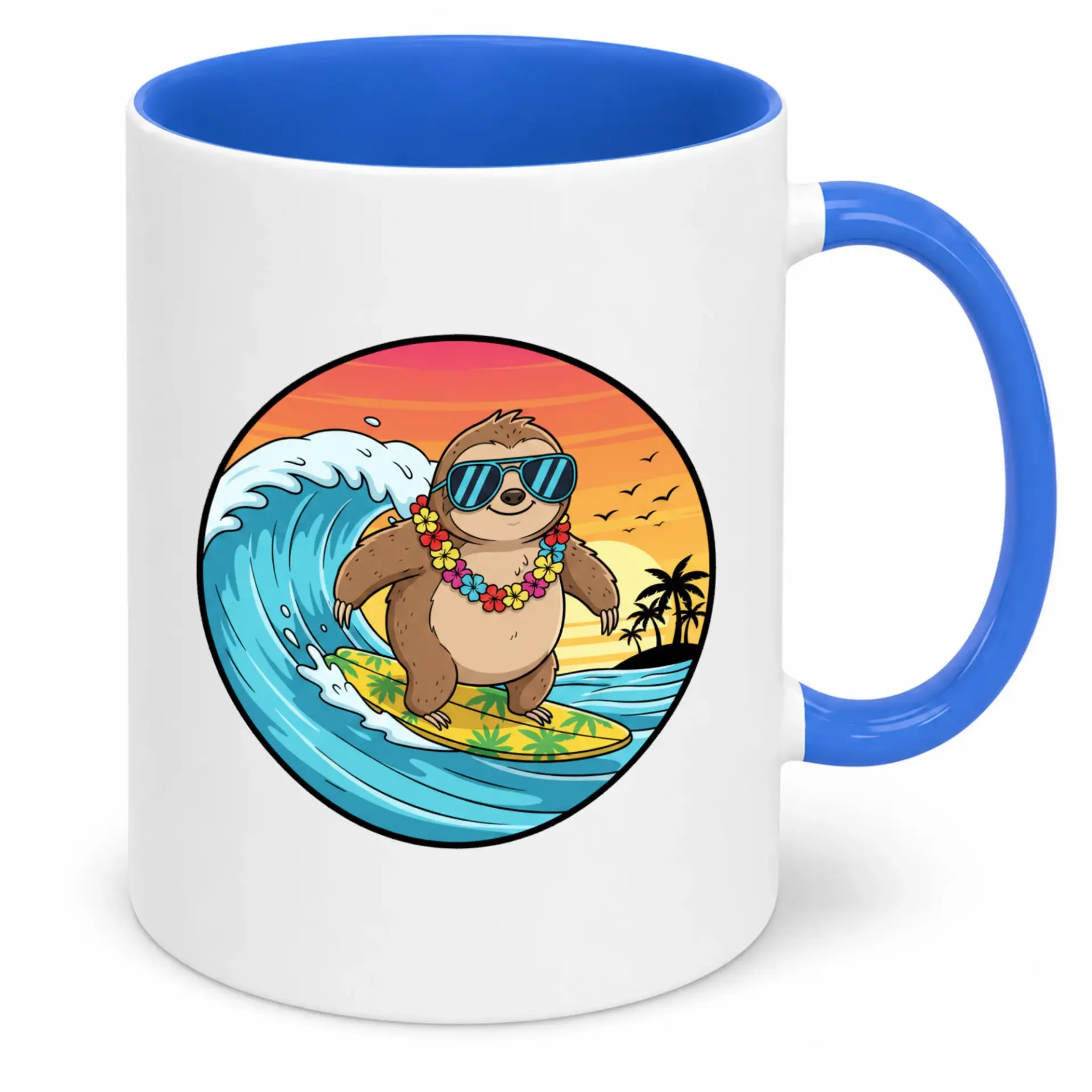 Funny Surfing Sloth Ceramic Coffee Mug Tropical Beach Vacation Themed Drinkware 11 Oz or 15 Oz Premium White Cup with Blue Handle