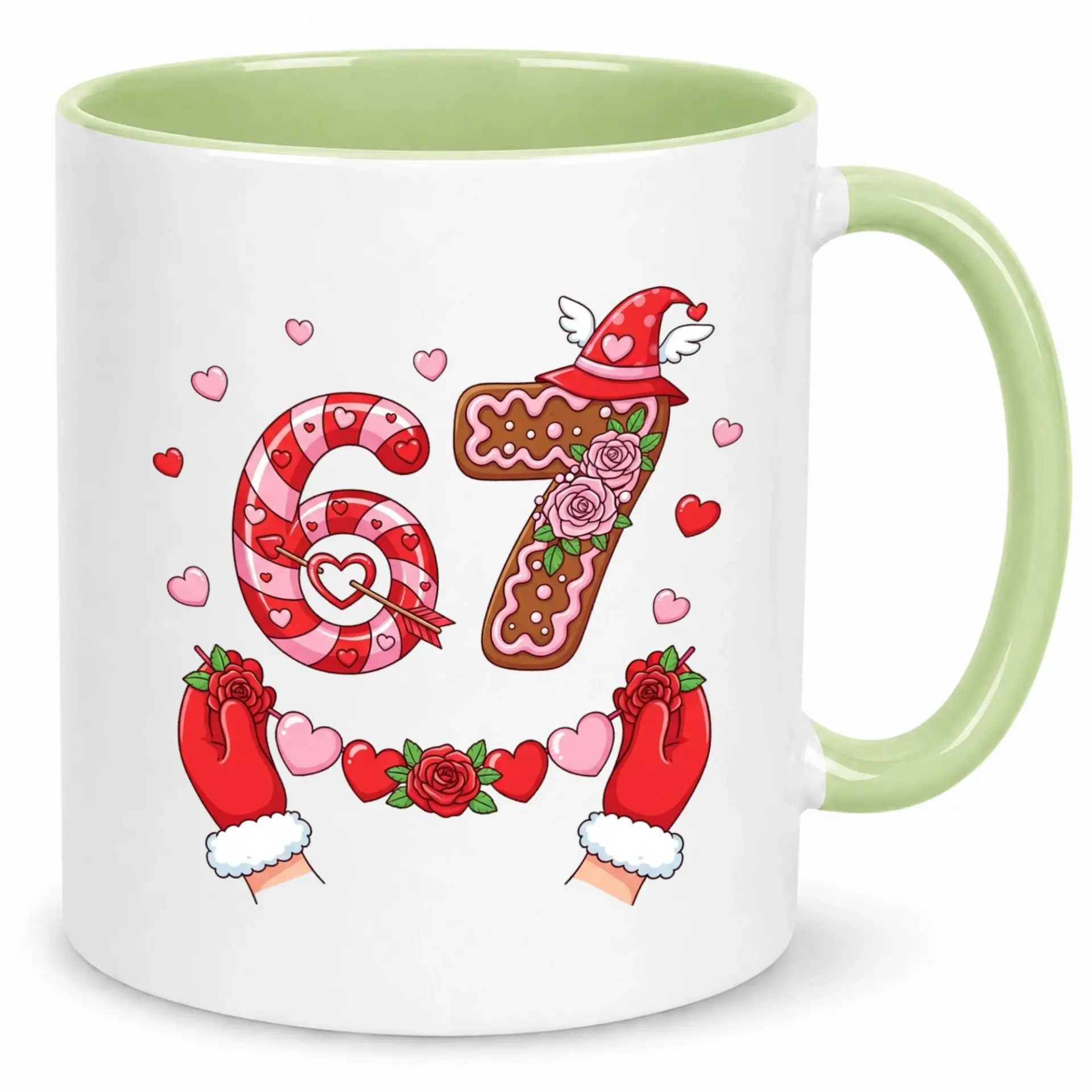 Ceramic Coffee Mug with 67 Festive Hearts and Candy Cane Gingerbread Design, Unique Cup for Birthday, Anniversary, or Valentine's Day Gift