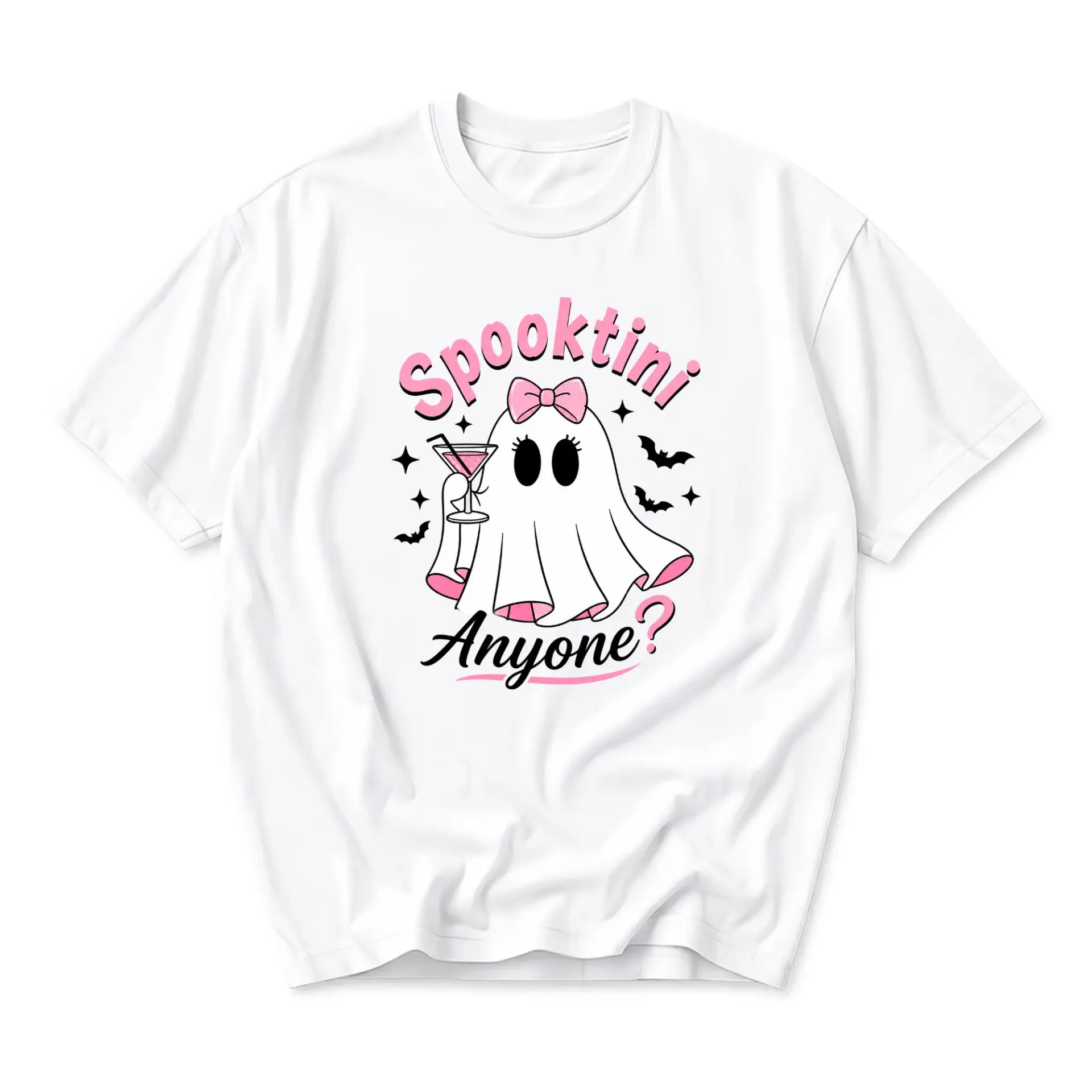 Funny Shirt Spooktini Anyone Graphic Tee Cute Ghost Drinking Martini Illustration Casual Unisex Crewneck Apparel