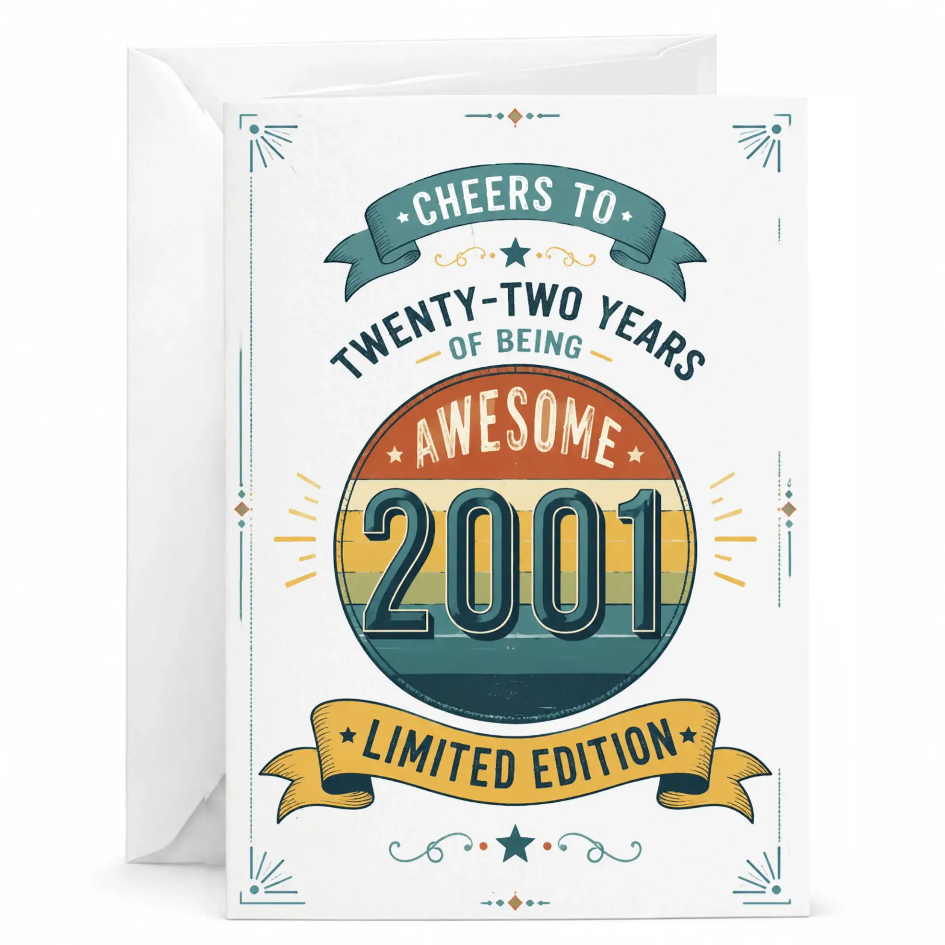 Birthday Card Vintage Style 22nd Birthday Greeting Card for Born in 2001 Limited Edition Design 5x7 Folded Note