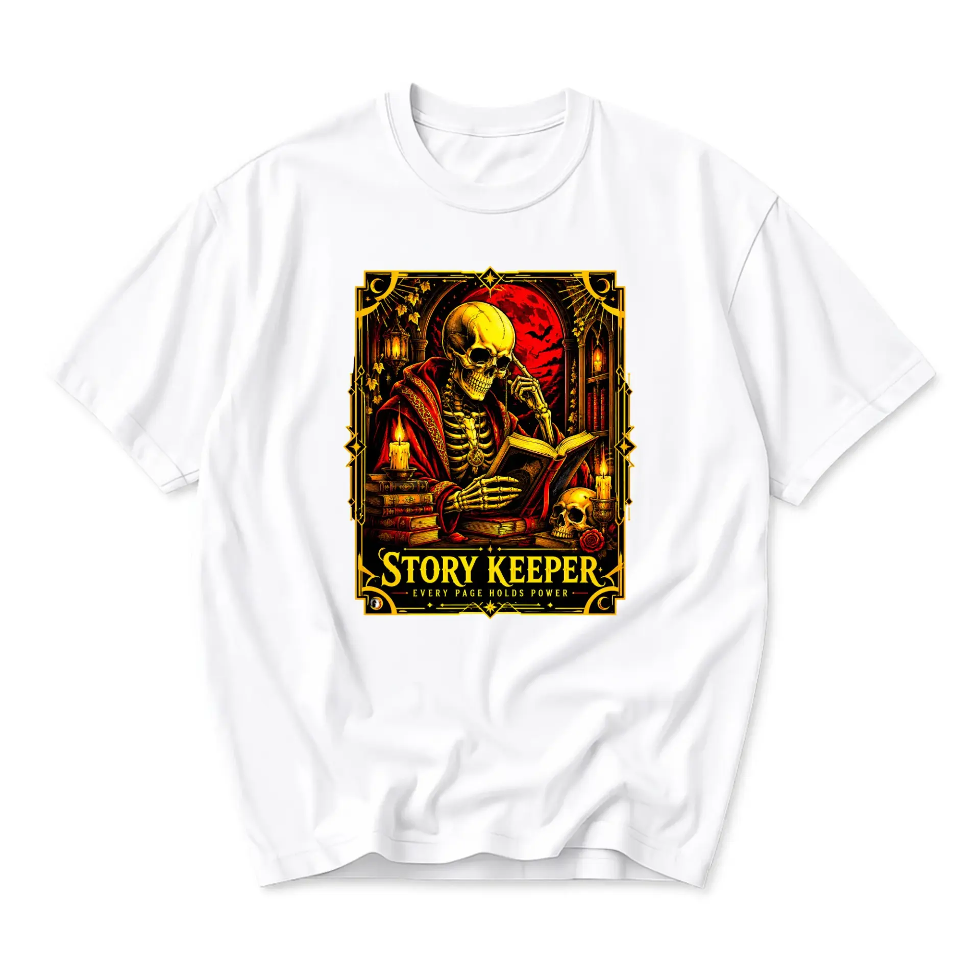 Graphic Tee Story Keeper Skeleton Reading Book Artistic Unisex Crew Neck Shirt for Casual Everyday Wear Style