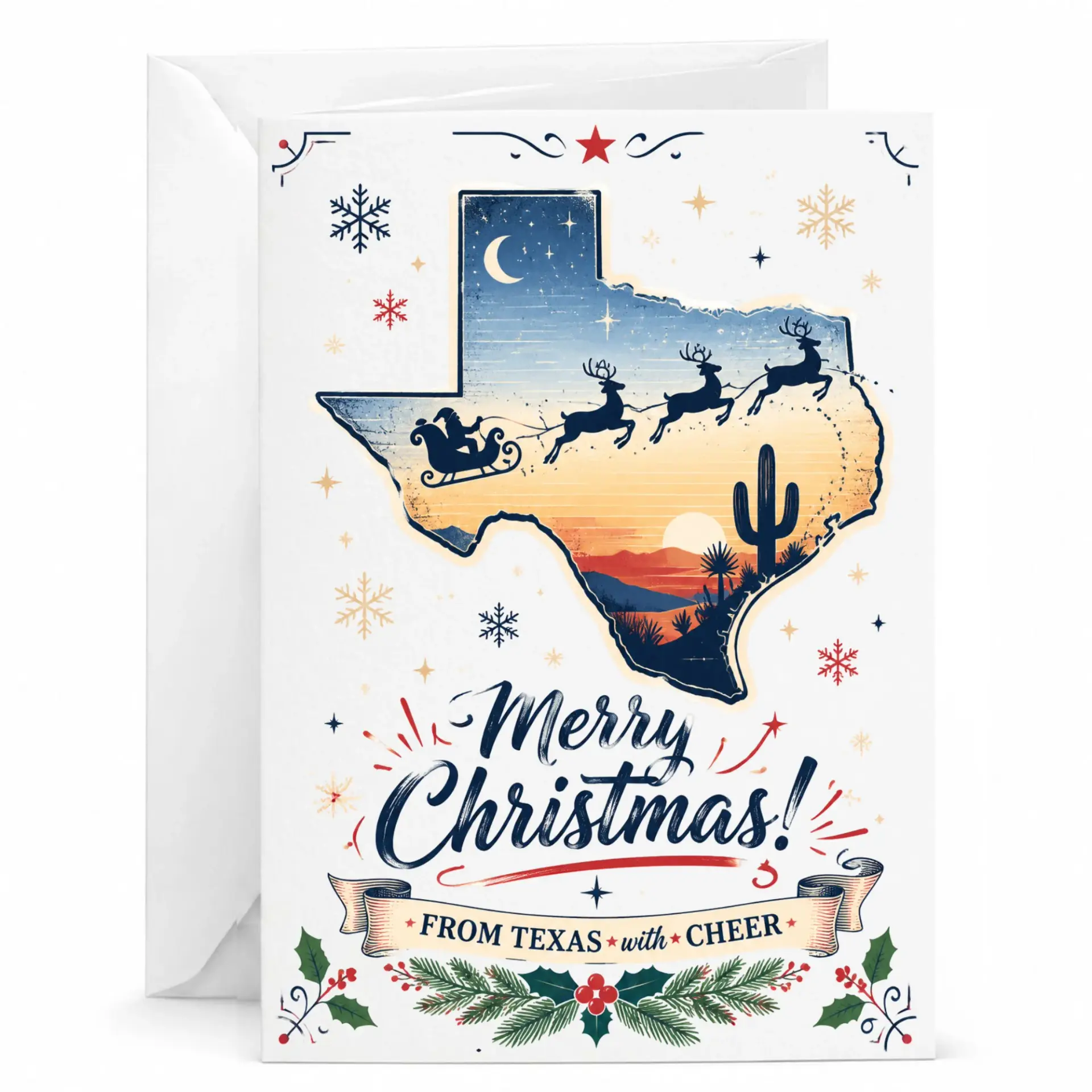 Greeting Card Merry Christmas from Texas with Cheer Holiday Card for Friends and Family Festive Southwestern Design
