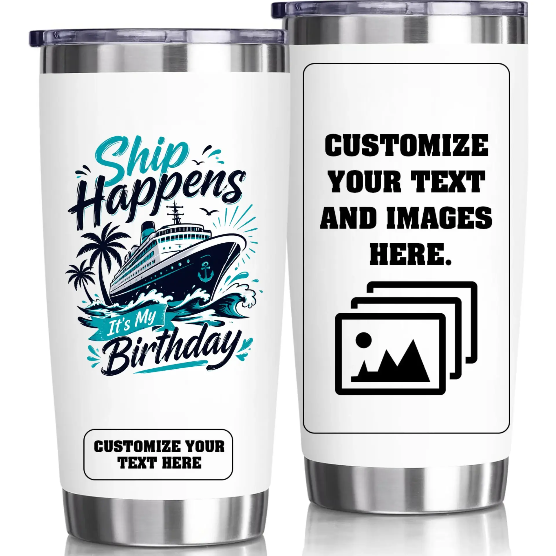 Stainless Steel Tumbler Ship Happens Birthday Cruise Themed Travel Mug 20oz Vacuum Insulated Cup for Hot Cold Drinks