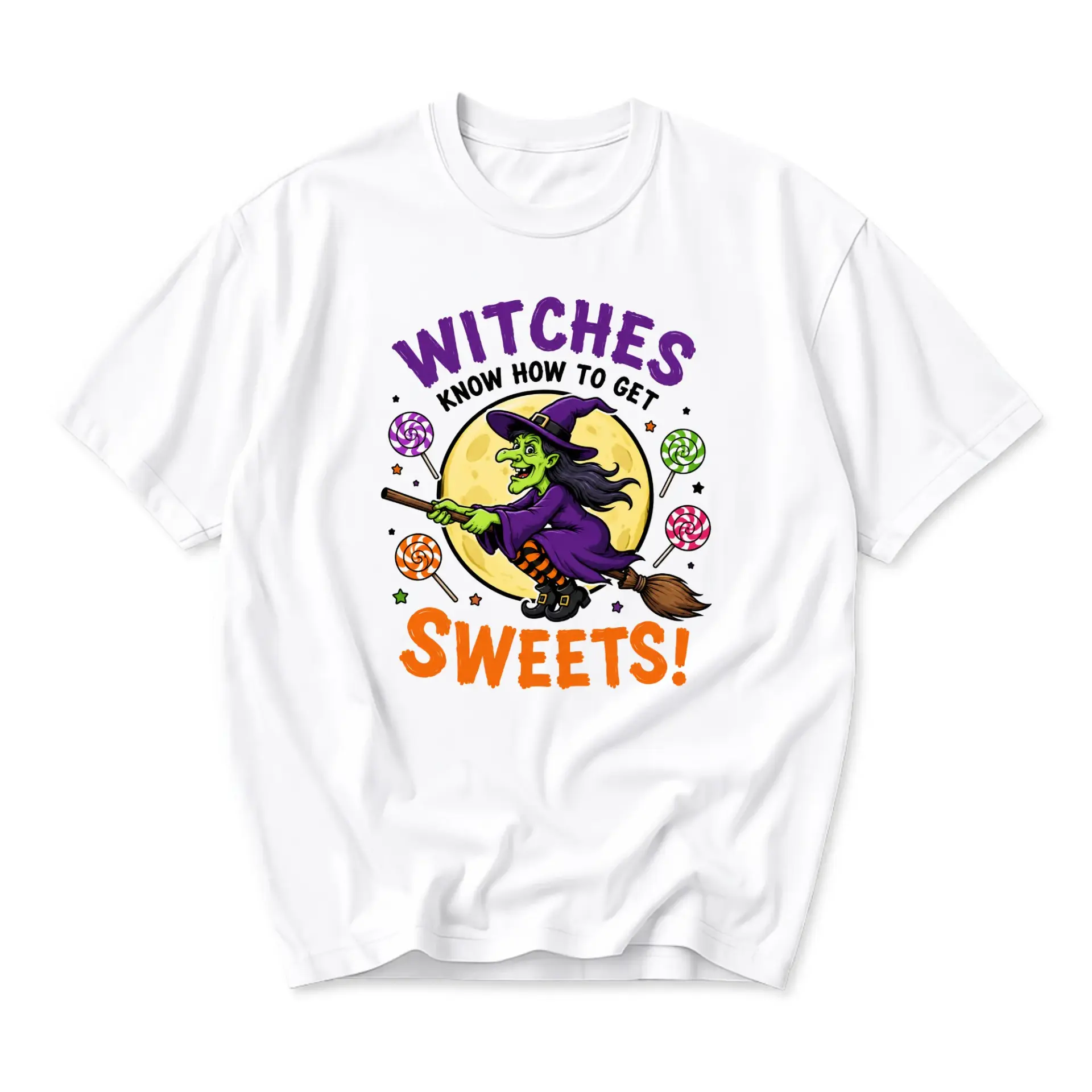Funny Shirt Witches Know How to Get Sweets Halloween Graphic Tee Casual Unisex Short Sleeve Crew Neck Cotton Blend Top