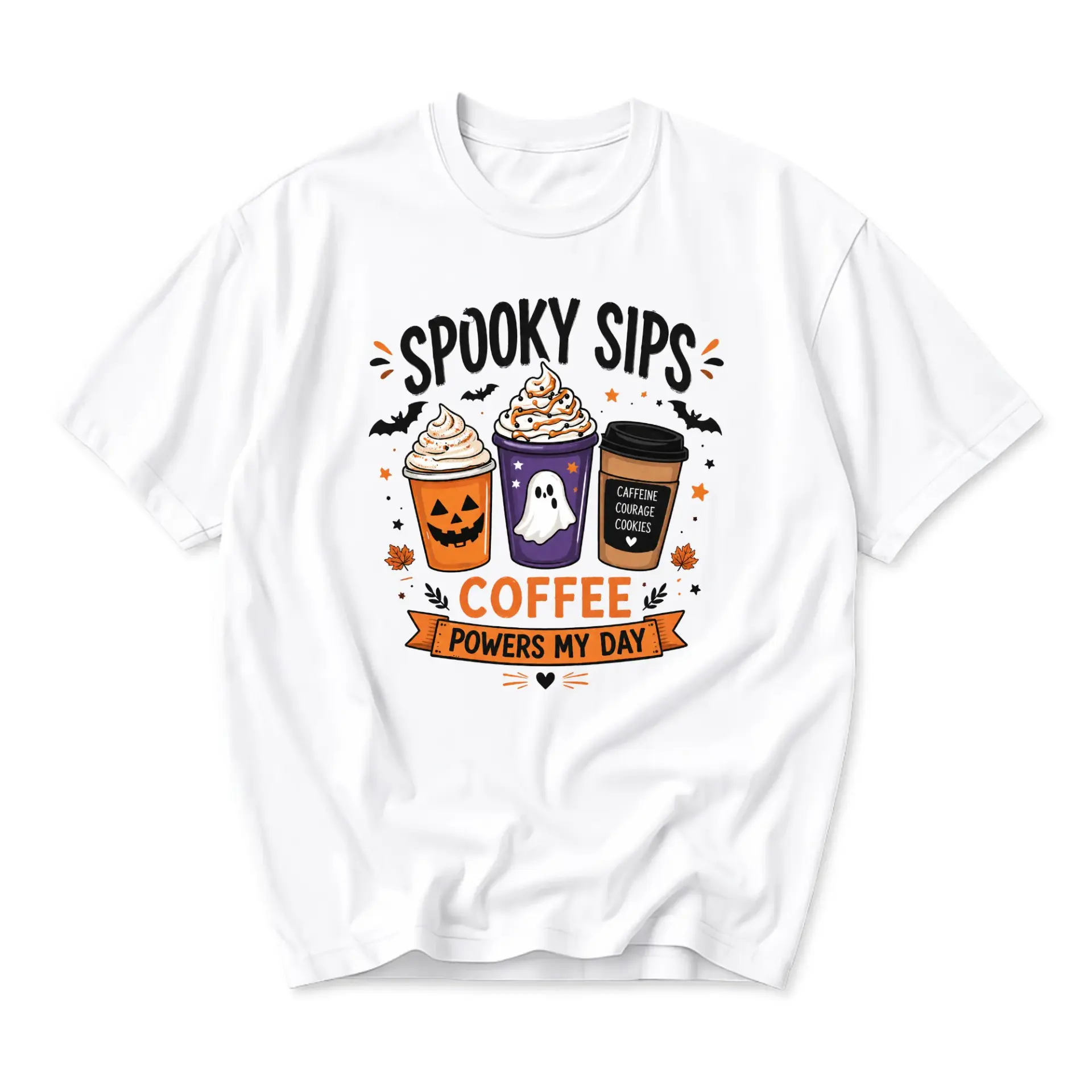 Graphic Tee Spooky Sips Coffee Powers My Day Halloween Shirt Unisex Crew Neck Soft Cotton Casual Seasonal Apparel