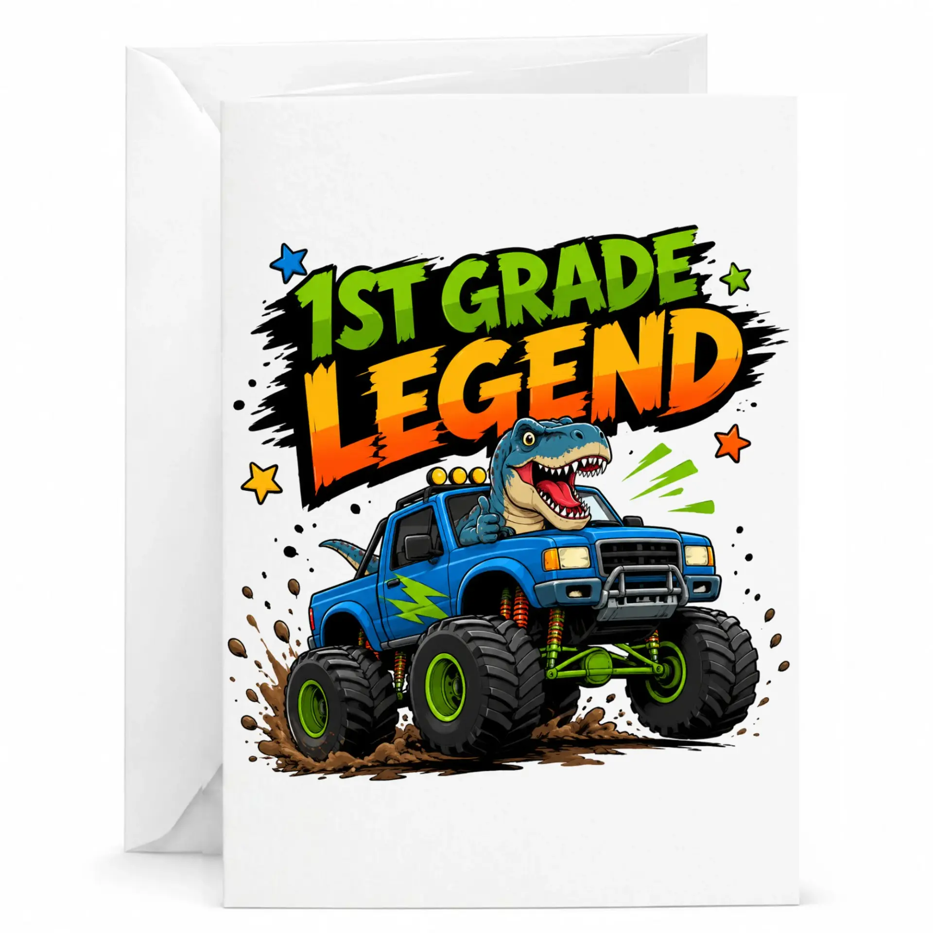 Greeting Card 1st Legend Dinosaur Truck Illustration Fun Design for Milestone Celebrations and Congratulations