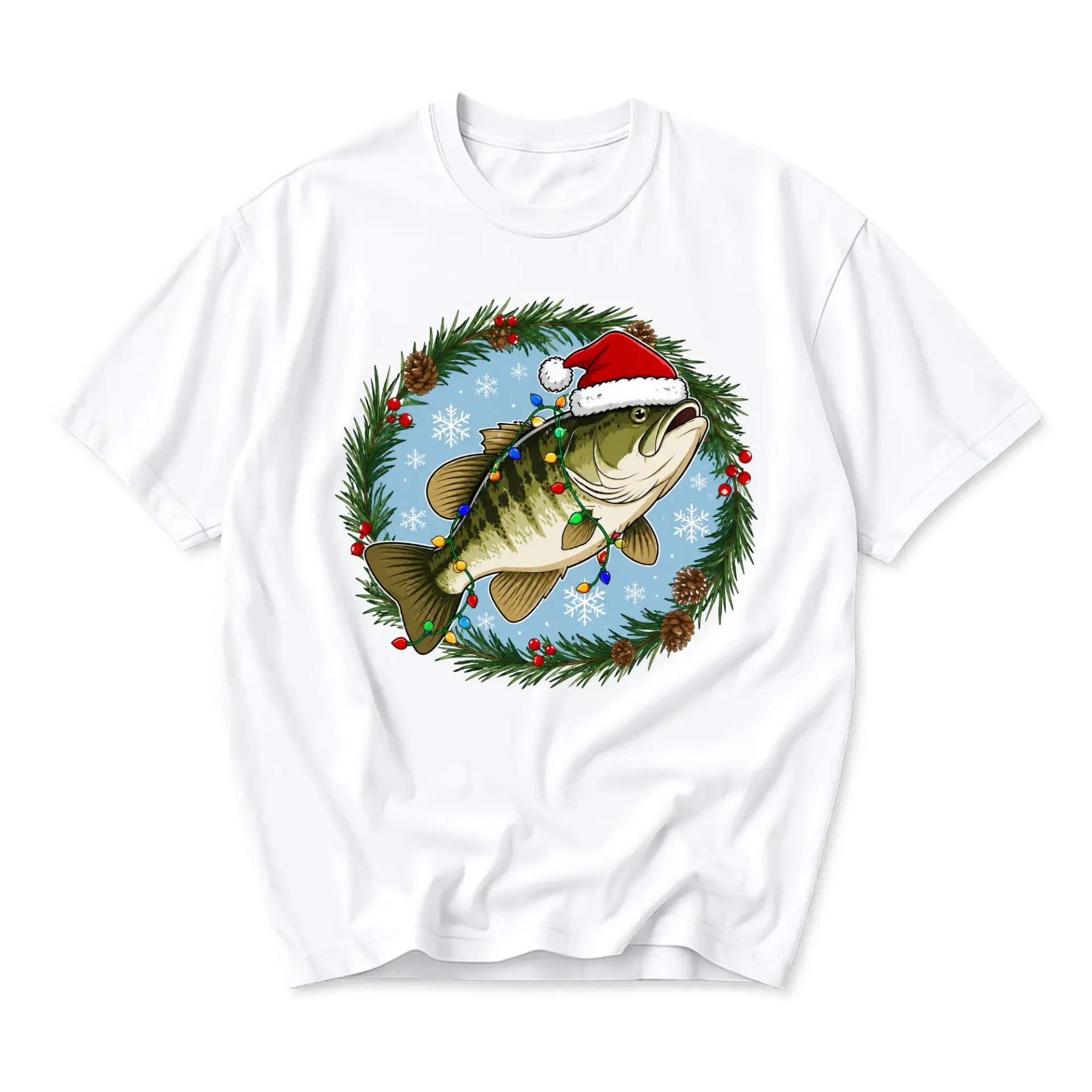 Graphic Tee Unisex Crew Neck T-Shirt Featuring Bass Fish Wearing Santa Hat and Holiday Lights Wreath Graphic Print