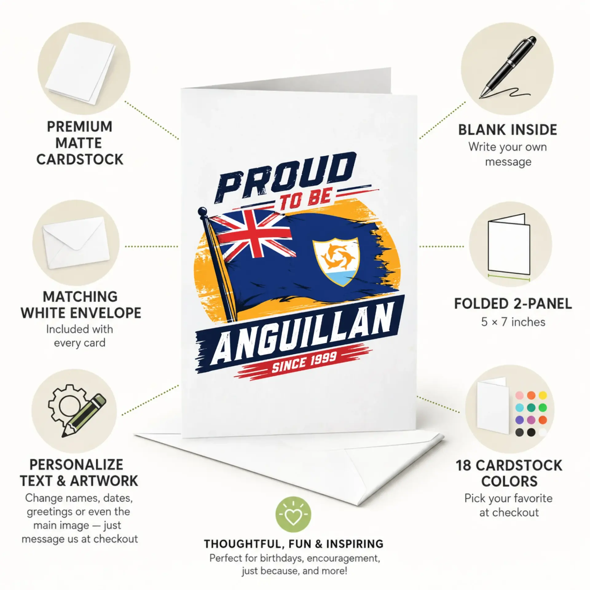 Greeting Card Proud to Be Anguillan Since 1999 Patriotic Island Heritage Stationery Note for Personal Messages