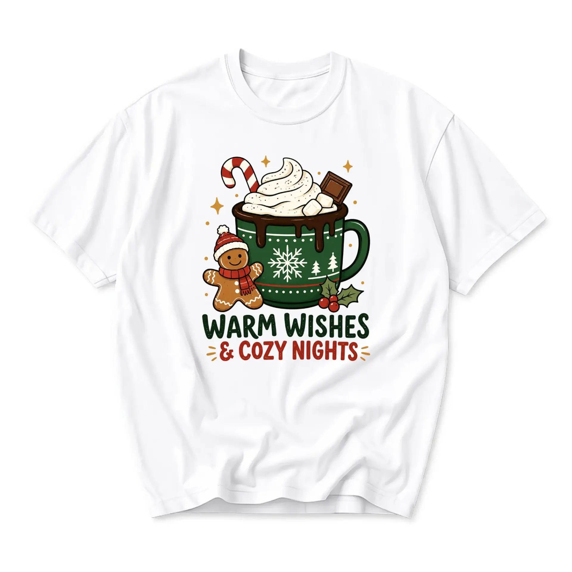 Graphic Tee Warm Wishes and Cozy Nights Holiday Cocoa Gingerbread Unisex Crew Neck Casual Everyday Printed T-Shirt