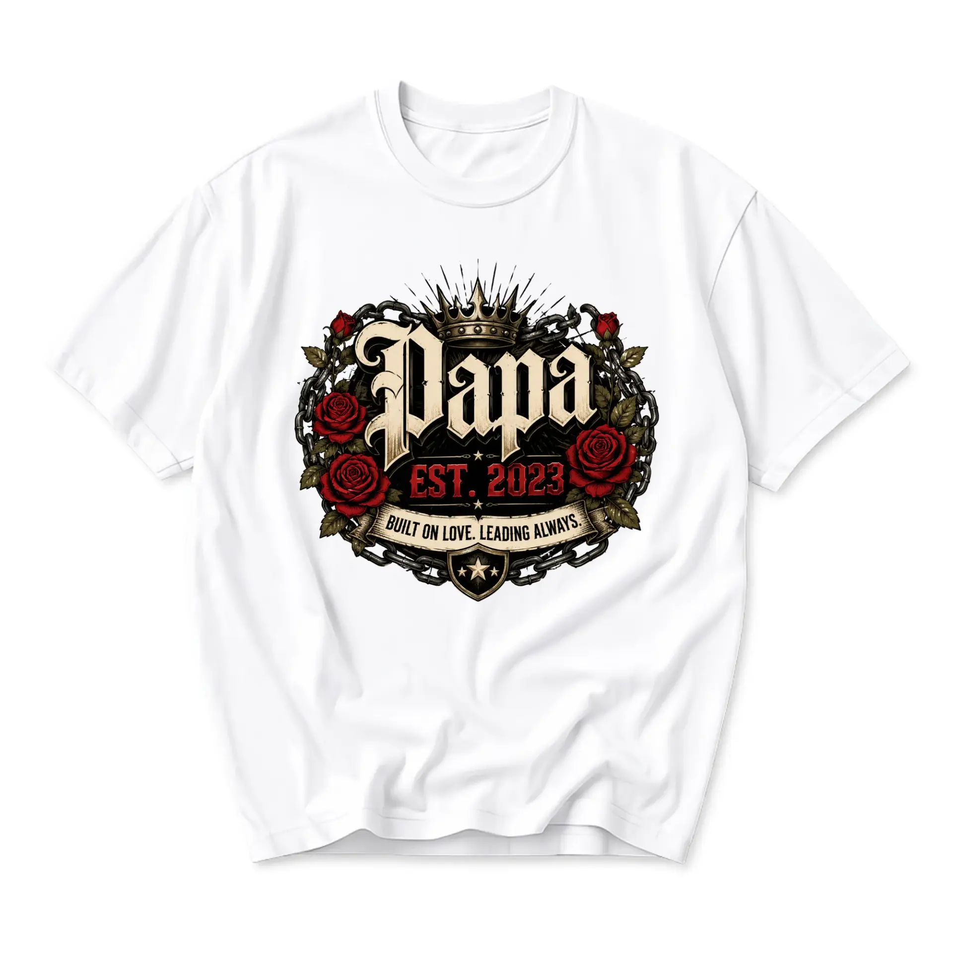 Graphic Tee Papa Established 2023 Rose Crown Design Unisex Crew Neck Shirt for Casual Everyday Wear and Gift Giving