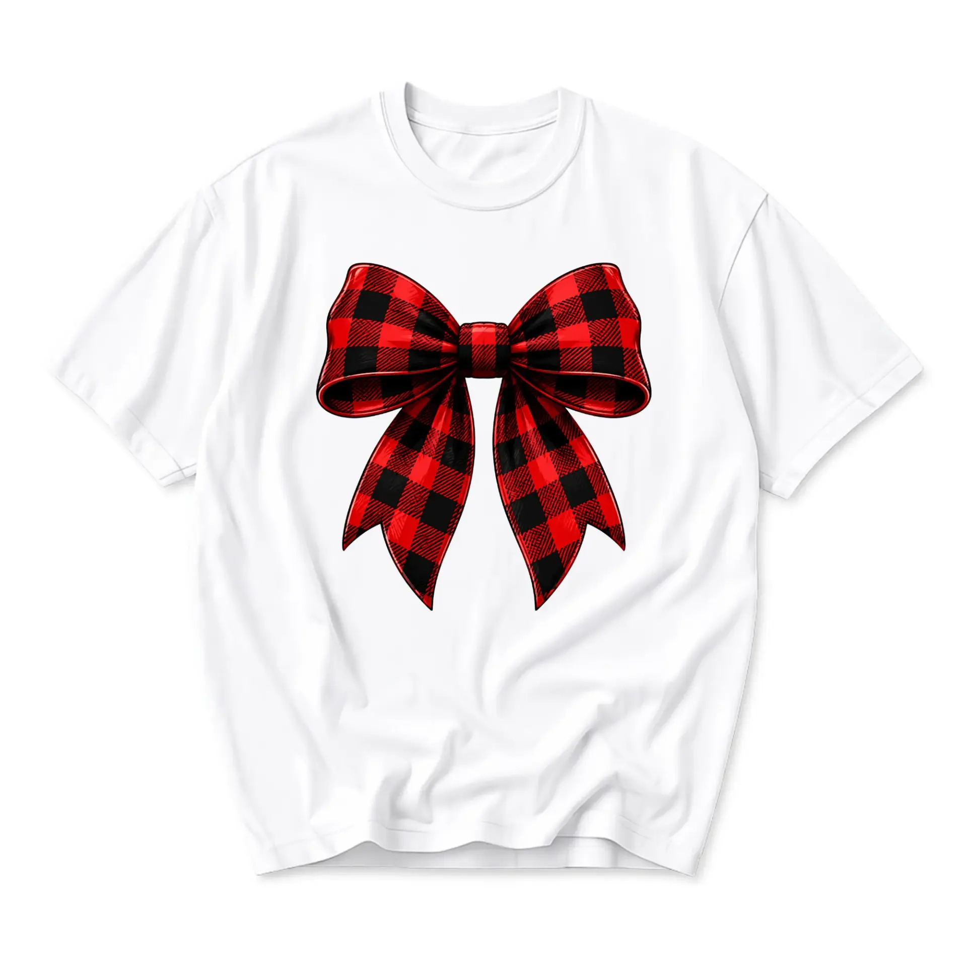 Graphic Tee Featuring Red and Black Buffalo Plaid Bow Illustration on Premium Soft White Unisex Crew Neck T-Shirt