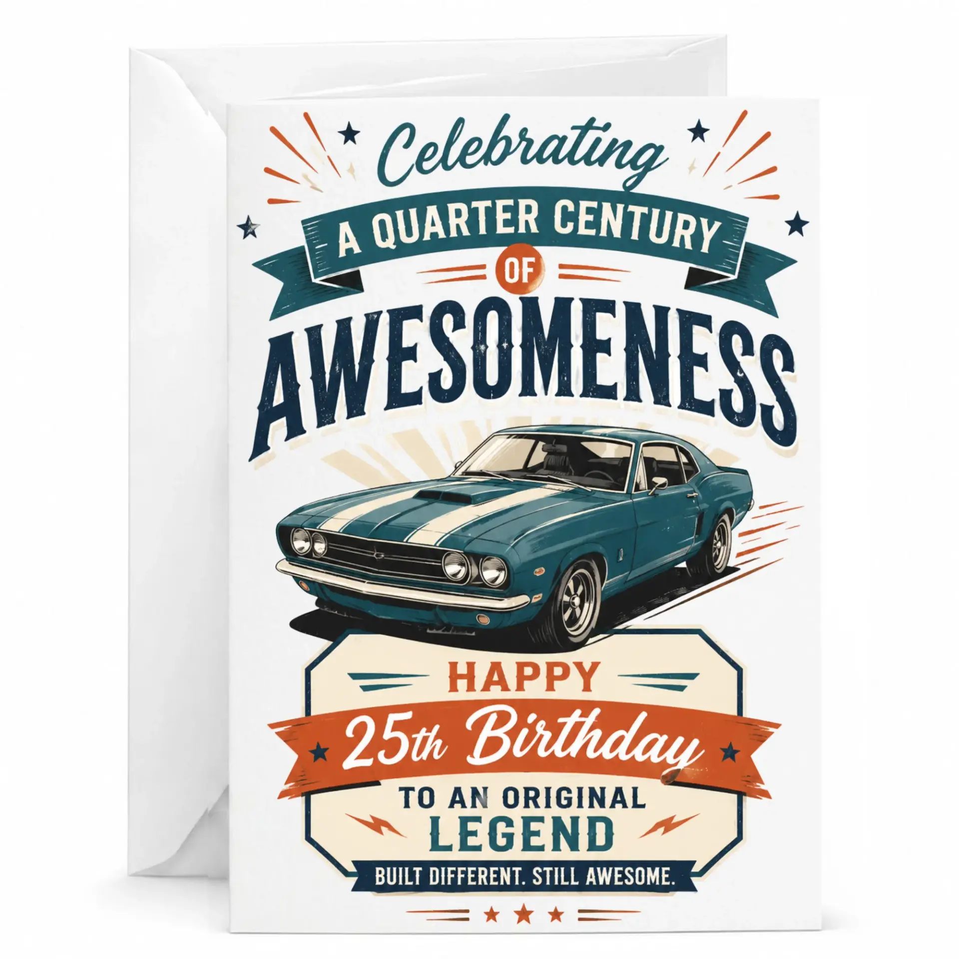 Birthday Card Celebrating a Quarter Century of Awesomeness Featuring Classic Muscle Car Graphic for 25th Birthday Milestone