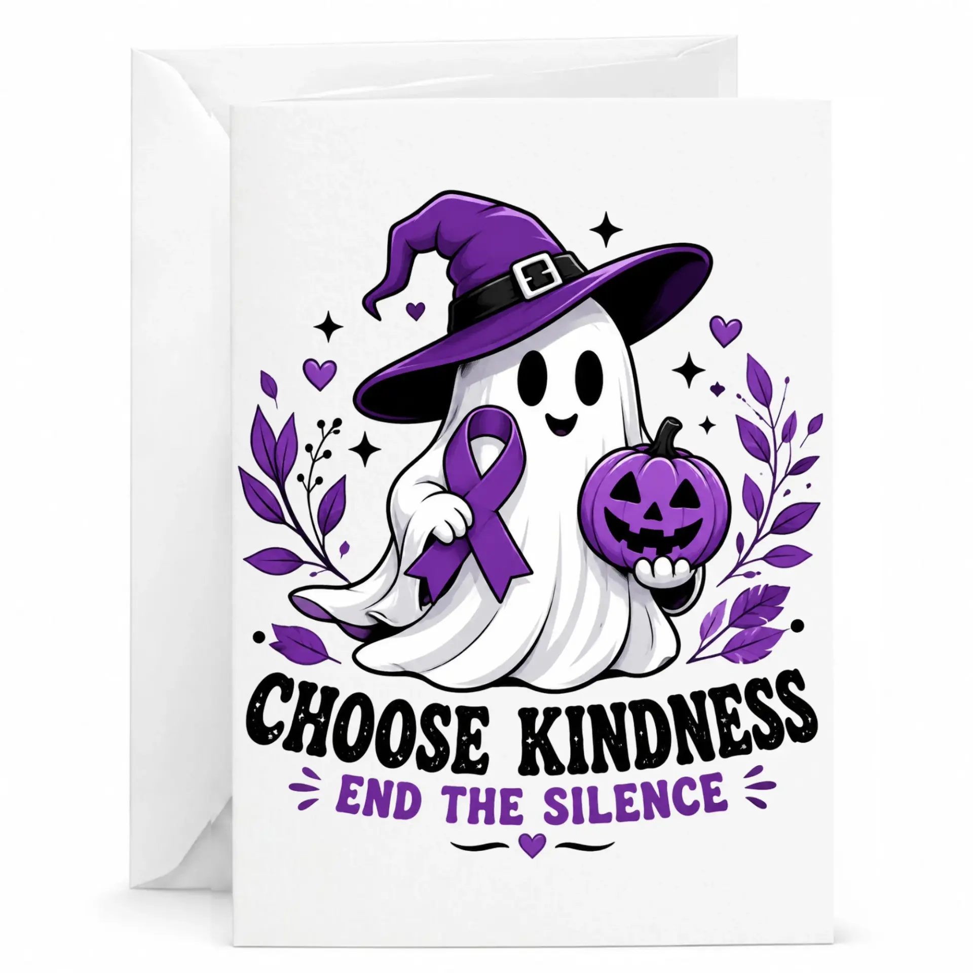 Greeting Card Choose Kindness End the Silence Featuring Cute Ghost with Purple Awareness Ribbon and Halloween Pumpkin Art