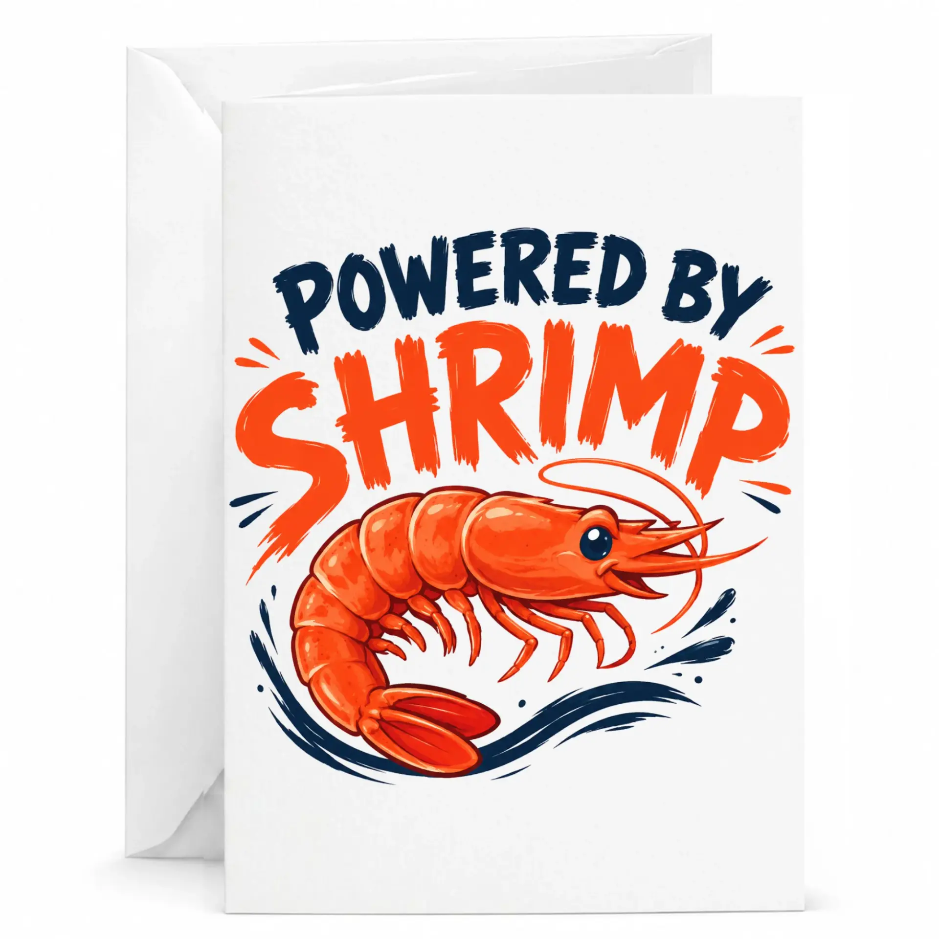 Funny Powered by Shrimp Greeting Card with Envelope Humorous Seafood Lover Stationery 5x7 Inches Folded