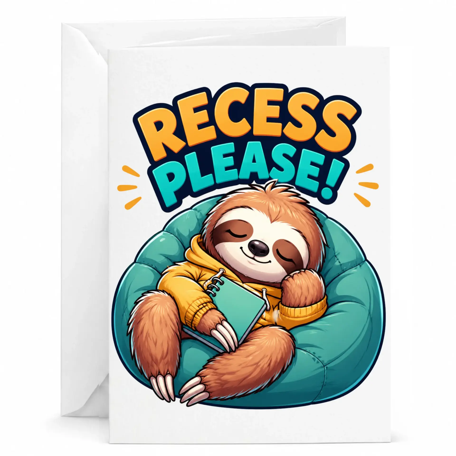 Funny Sloth Greeting Card Recess Please Slumbering Animal Illustration Note for Birthday or Encouragement 5x7 Inches