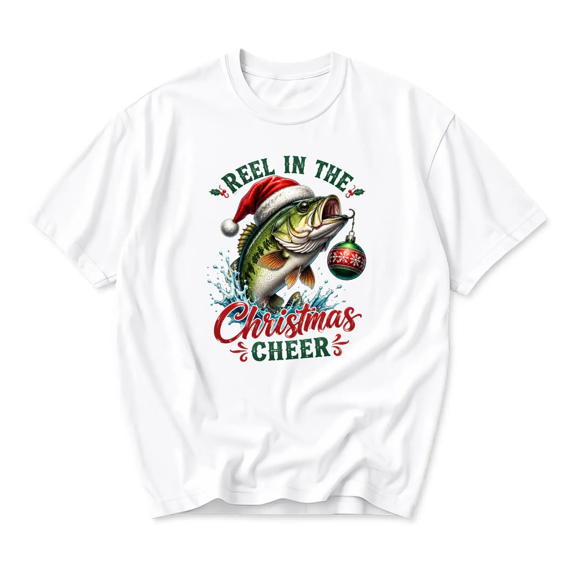 Funny Shirt Reel in the Christmas Cheer Fishing Graphic Tee Unisex Crew Neck Seasonal Holiday Casual Top