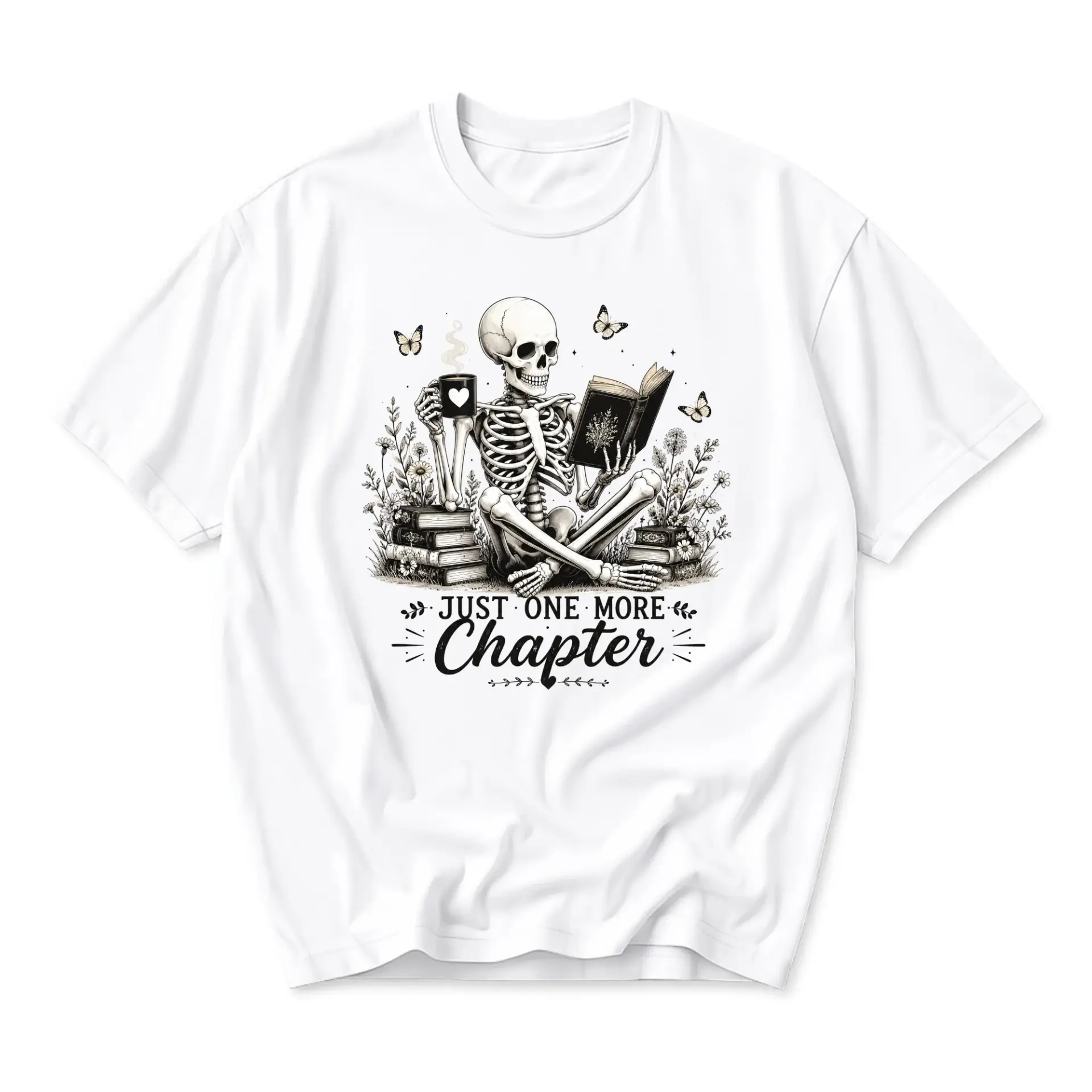 Graphic Tee Just One More Chapter Skeleton Reading Book Unisex Casual Crew Neck Comfortable Cotton Blend Short Sleeve Shirt