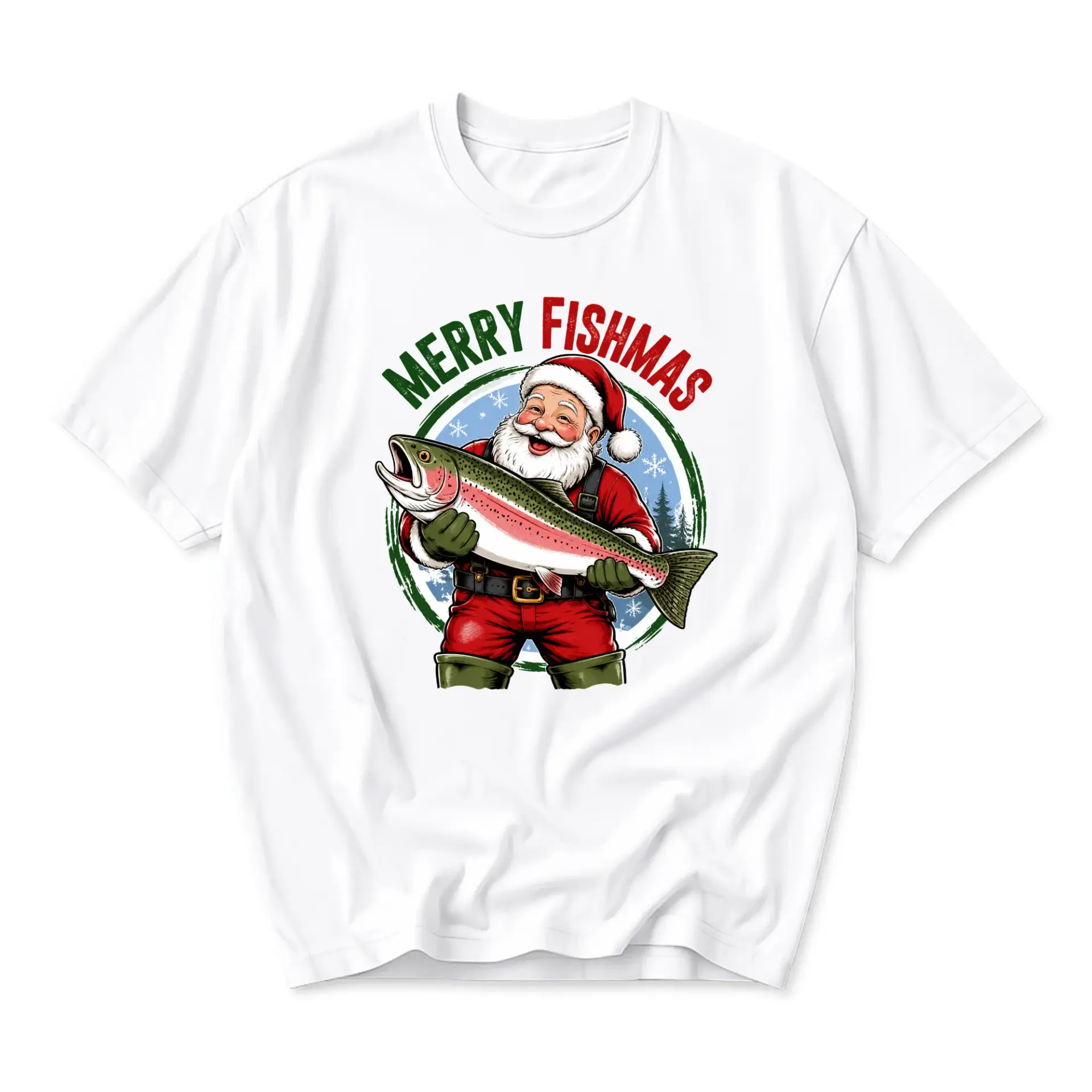 Funny Shirt Merry Fishmas Santa Claus Graphic Tee Unisex Holiday Fishing Themed Casual Short Sleeve Crew Neck Top