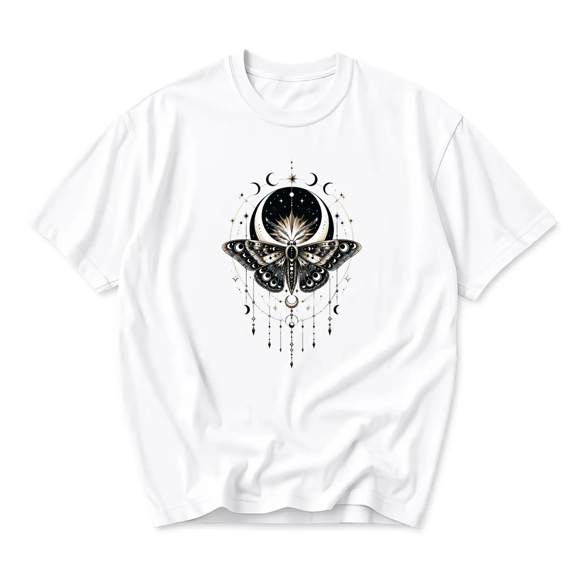 Graphic Tee Unisex Celestial Butterfly Moth Print Short Sleeve Crew Neck Casual Cotton Blend Apparel White Top
