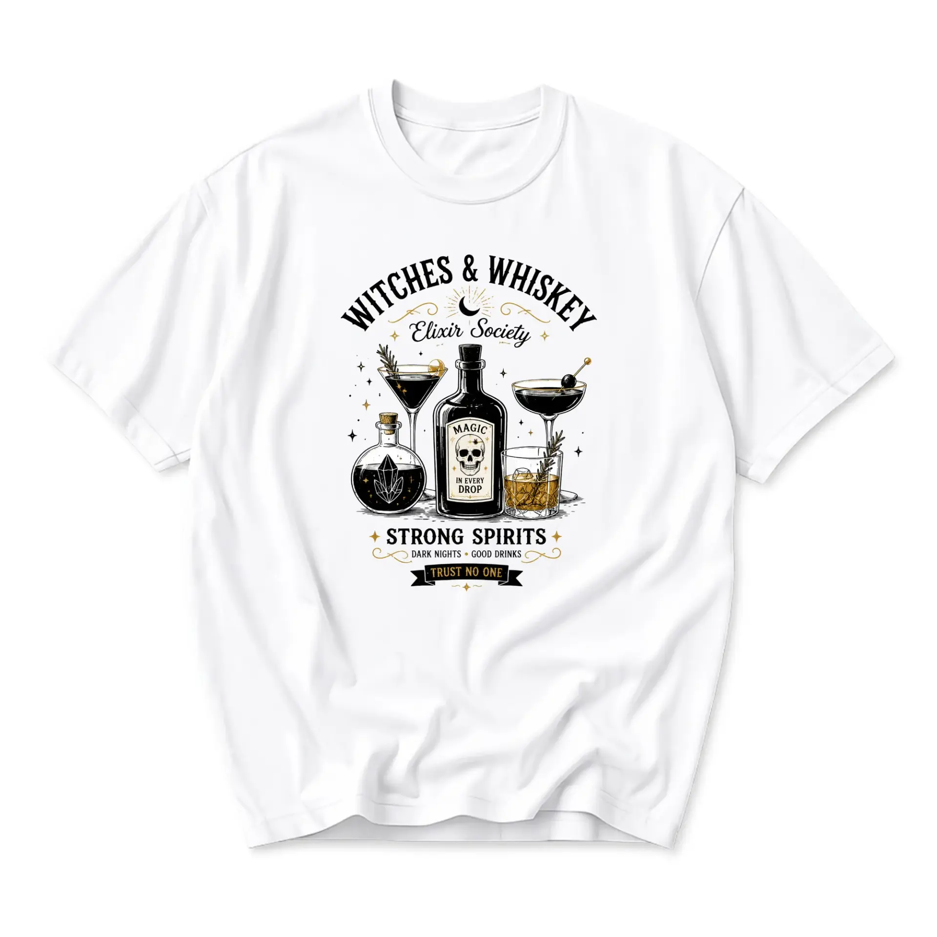 Funny Shirt Witches and Whiskey Graphic Tee Casual Unisex Crew Neck Top Soft Cotton Everyday Apparel for Occult Fans