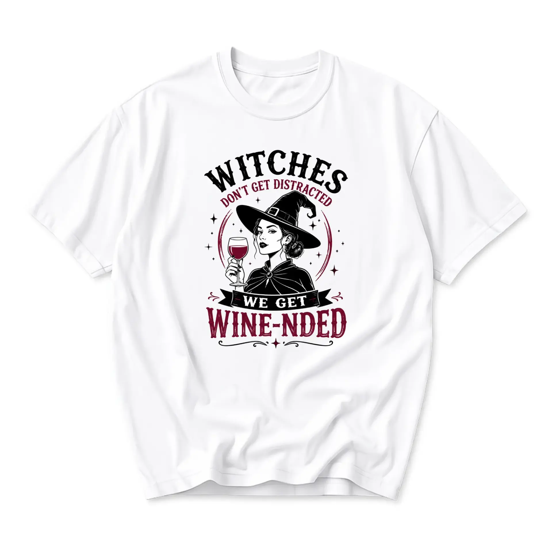 Funny Shirt Witches Don't Get Distracted We Get Wine-Nded Graphic Tee Casual Crew Neck Unisex Top for Everyday Wear