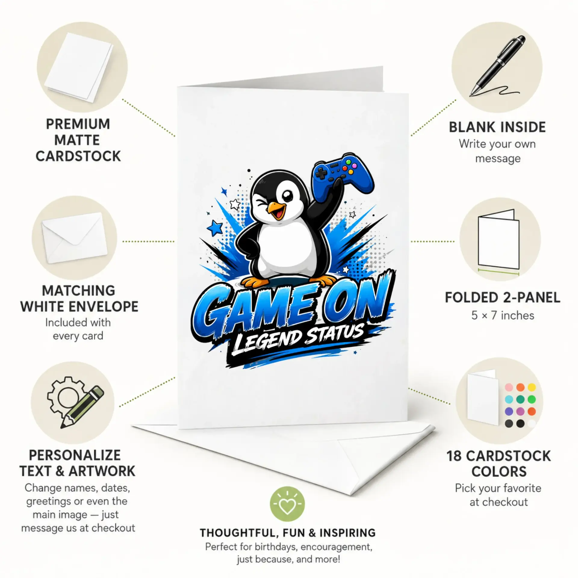 Funny Greeting Card Game on Legend Status Featuring a Cute Winking Penguin with a Gaming Controller Illustration