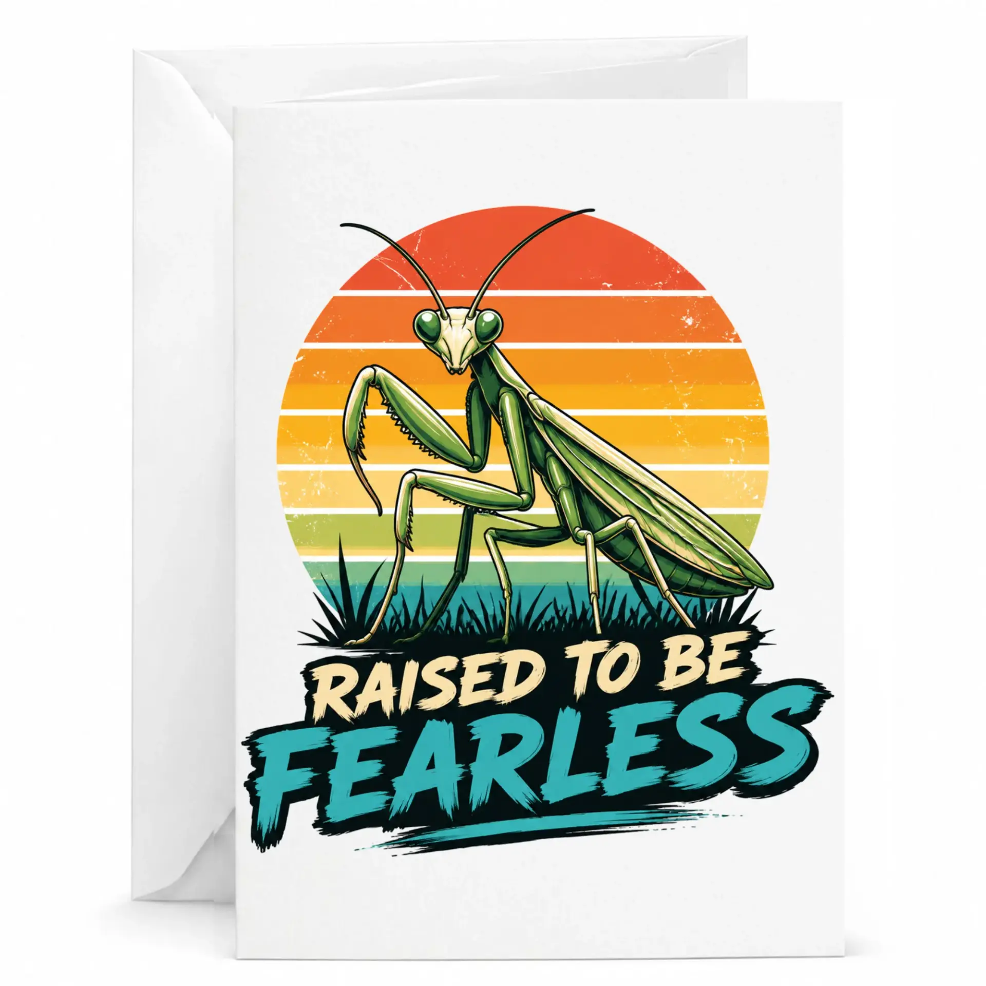 Greeting Card Featuring Praying Mantis Illustration with Retro Sunset Design and Raised to Be Typography