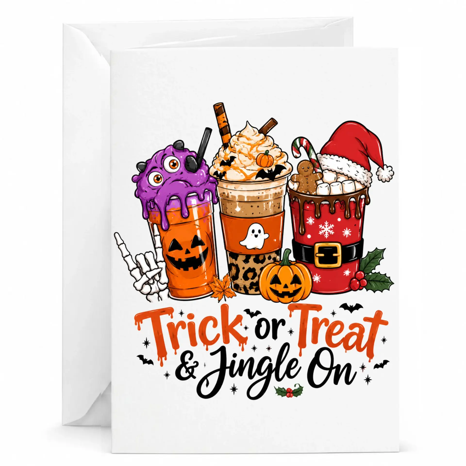 Funny Holiday Greeting Card Trick or Treat and Jingle on Festive Seasonal Illustration for Autumn and Winter Celebrations
