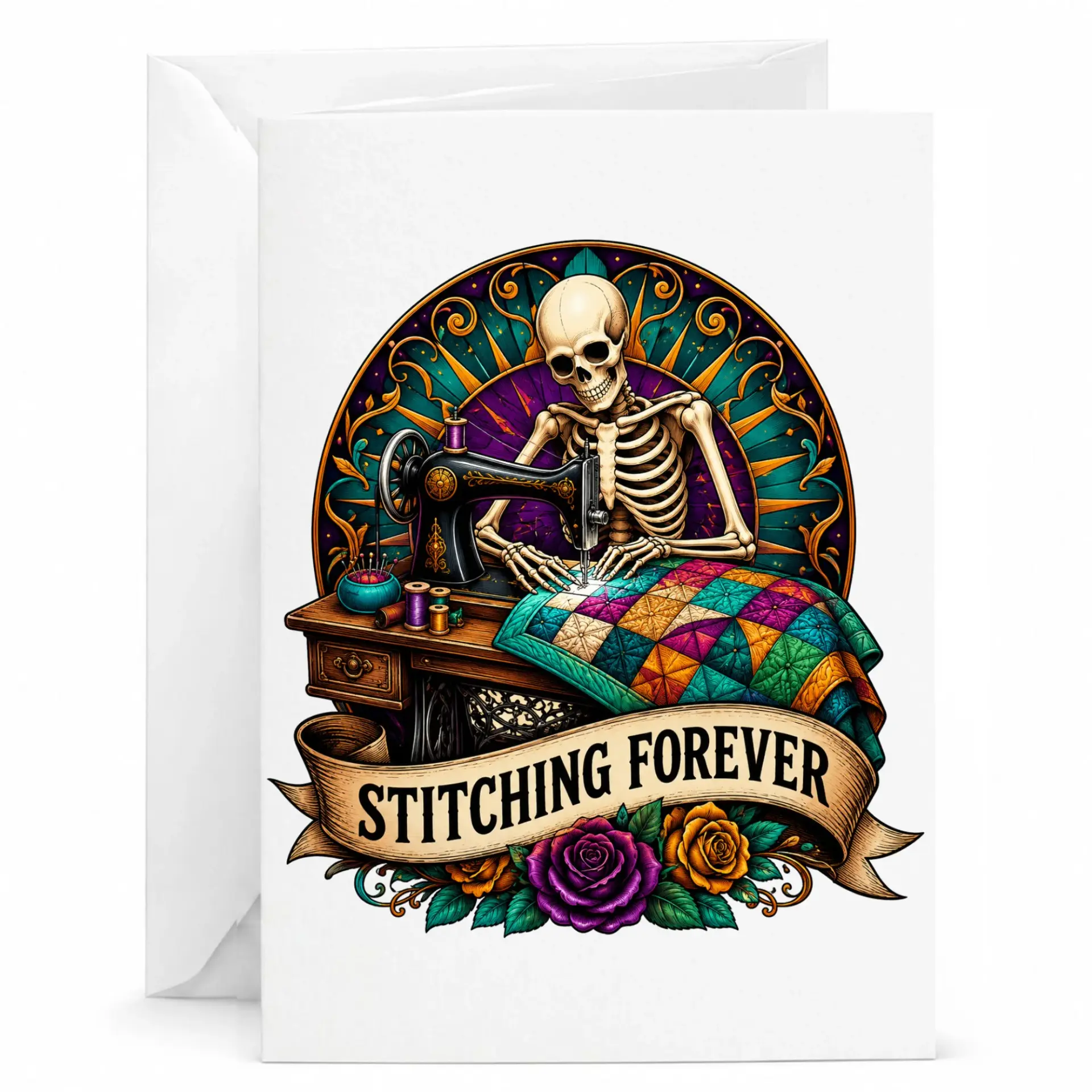 Personalized Greeting Card Stitching Skeleton Quilt Lover Gift