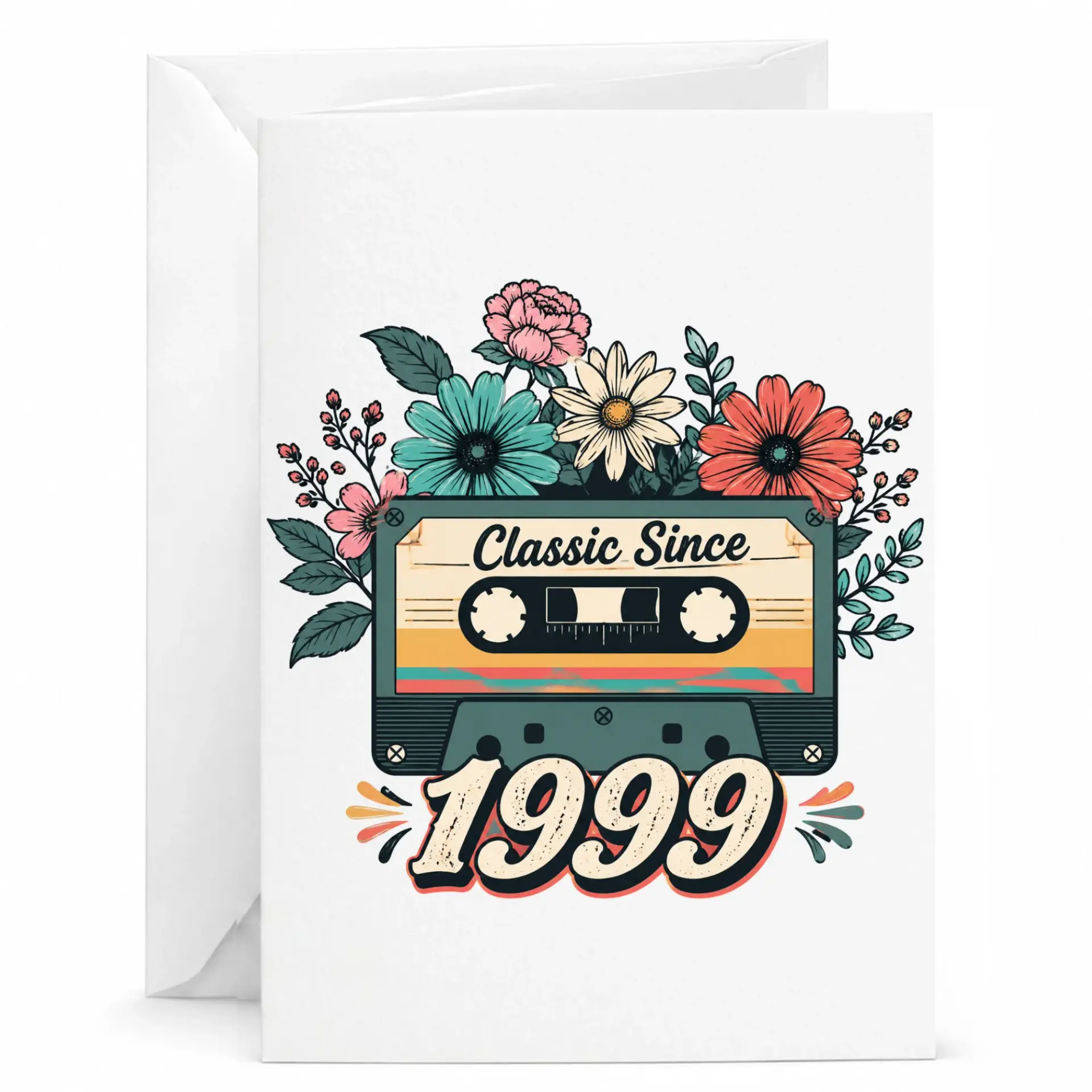 Birthday Card Classic Since 1999 Vintage Cassette Tape Floral Design Greeting Card for Birth Year Celebration