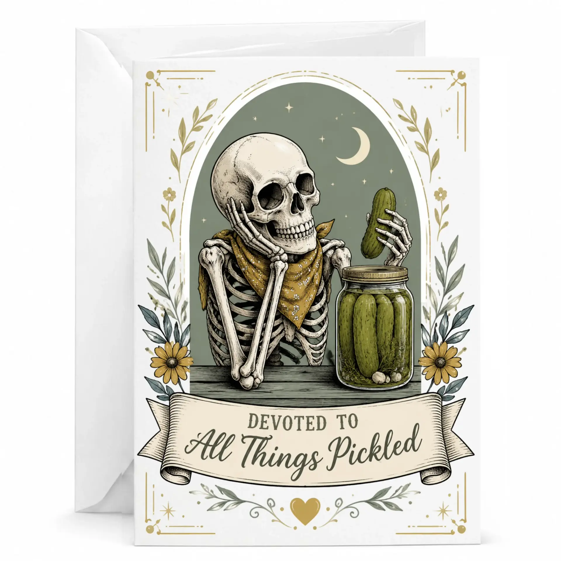 Funny Skeleton Greeting Card Devoted to All Things Pickled Quirky Foodie Stationery for Any 5x7 Inch