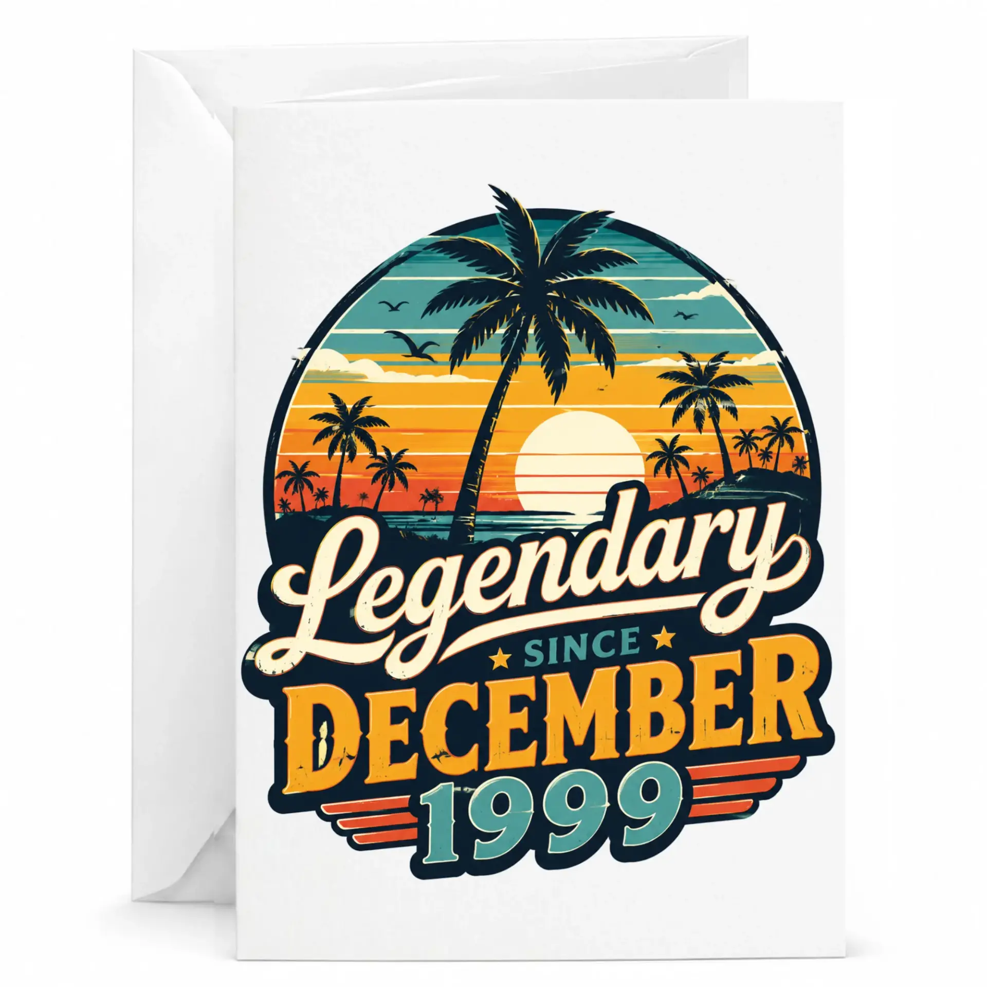 Birthday Greeting Card Legendary Since December 1999 Vintage Sunset Palm Tree Design 5x7 Folded Note Card for Men Women