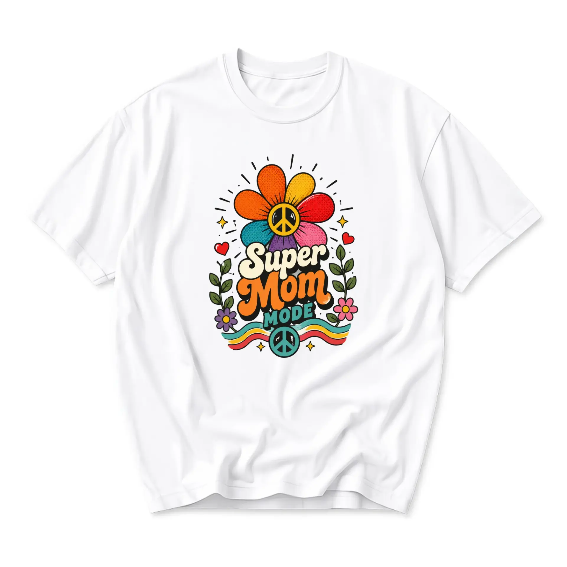 Graphic Tee Super Mom Mode Retro Flower Peace Sign Unisex Casual Everyday Crew Neck Short Sleeve Cotton T-Shirt White