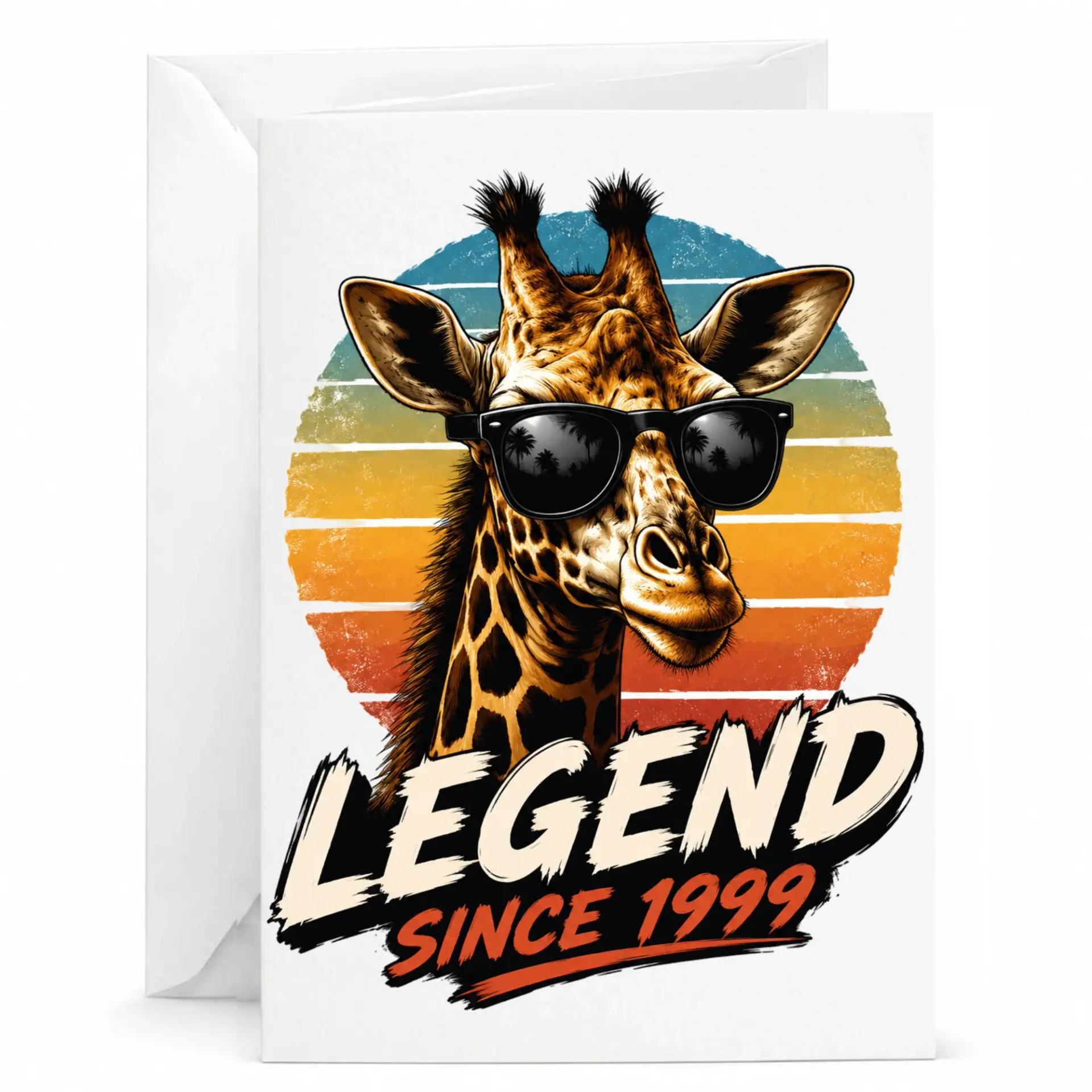 Funny Greeting Card Legend Since 1999 Giraffe Birthday Card with Vintage Sunset Design and Matching White Envelope