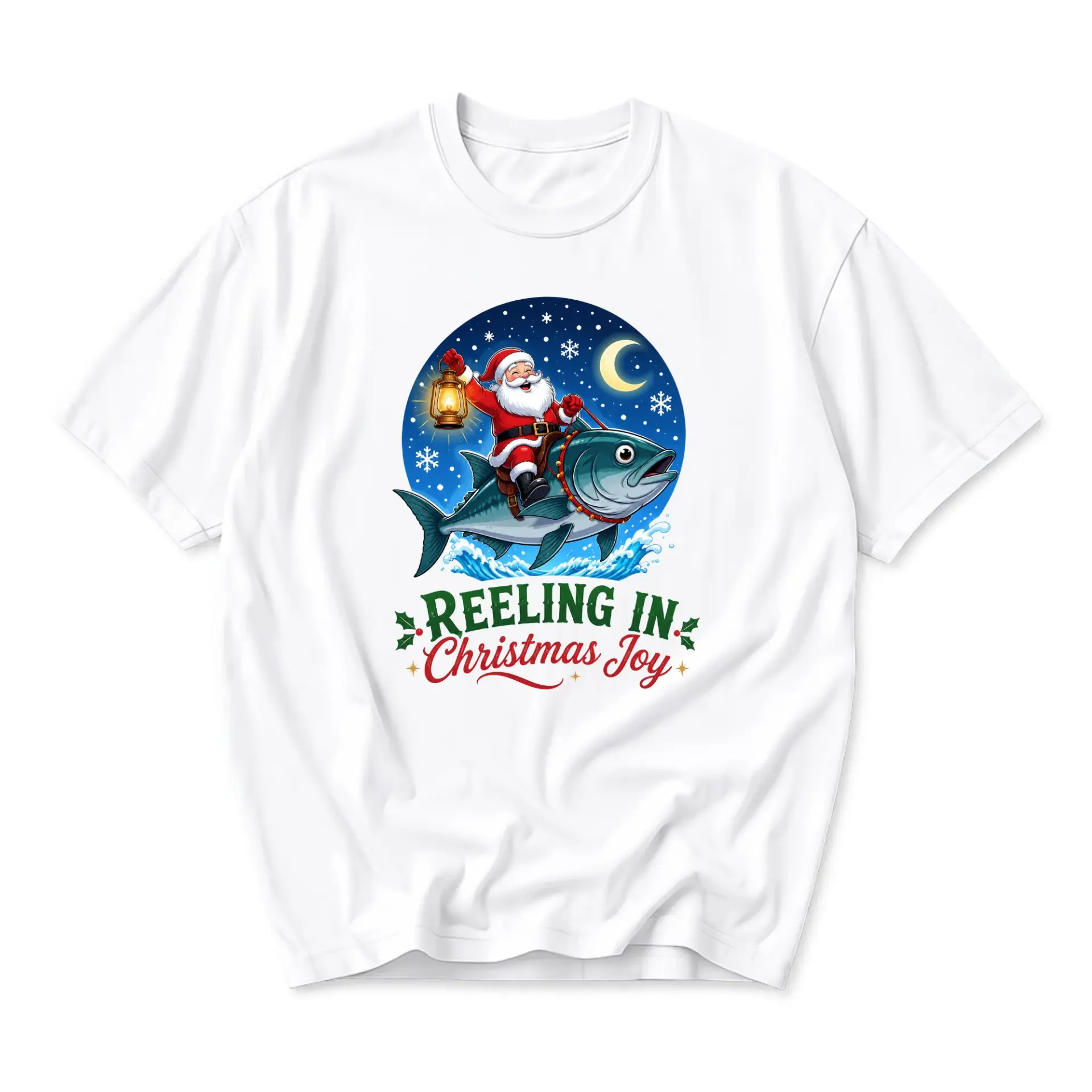 Funny Shirt Santa Fishing Graphic Tee Holiday Seasonal Unisex Crew Neck
