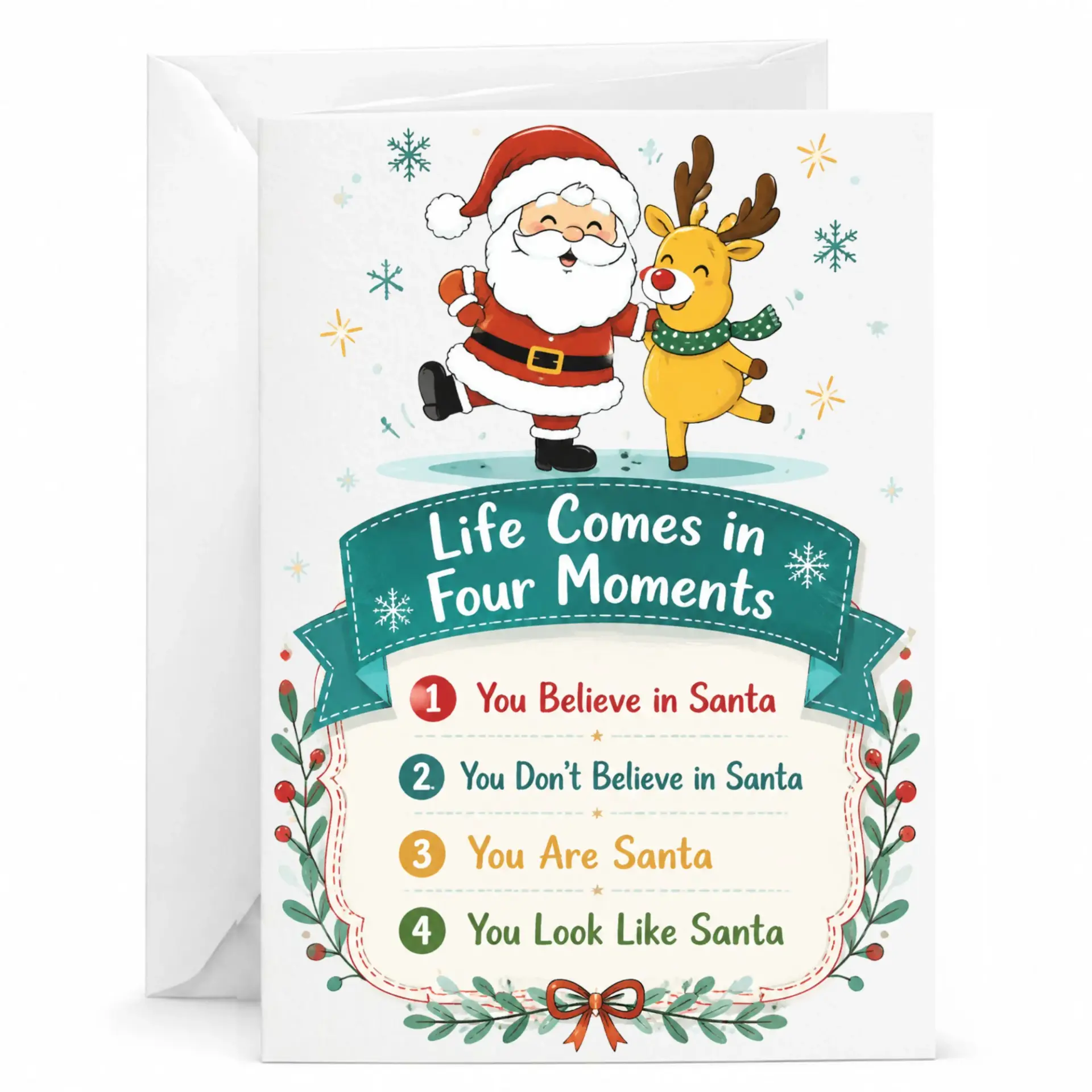 Funny Christmas Greeting Card, Holiday Humor Santa and Reindeer Illustrated Note Card with Matching White Envelope