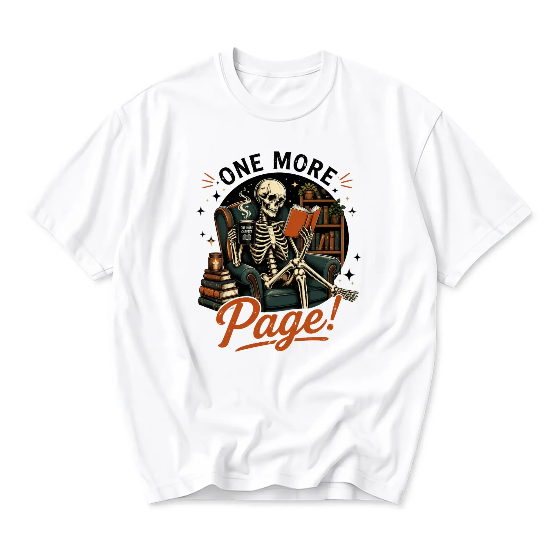 Graphic Tee One More Page Skeleton Reading Book Unisex Crew Neck Casual Shirt Soft Cotton Blend Everyday Comfortable Top