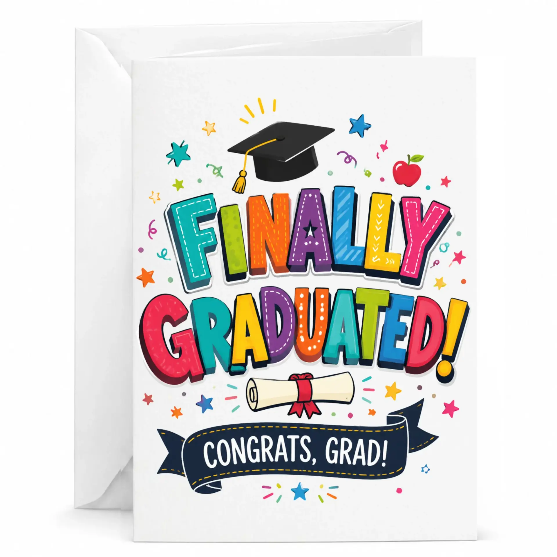 Graduation Congratulations Greeting Card Finally Graduated Multi Colored Whimsical Design with Matching White Envelope