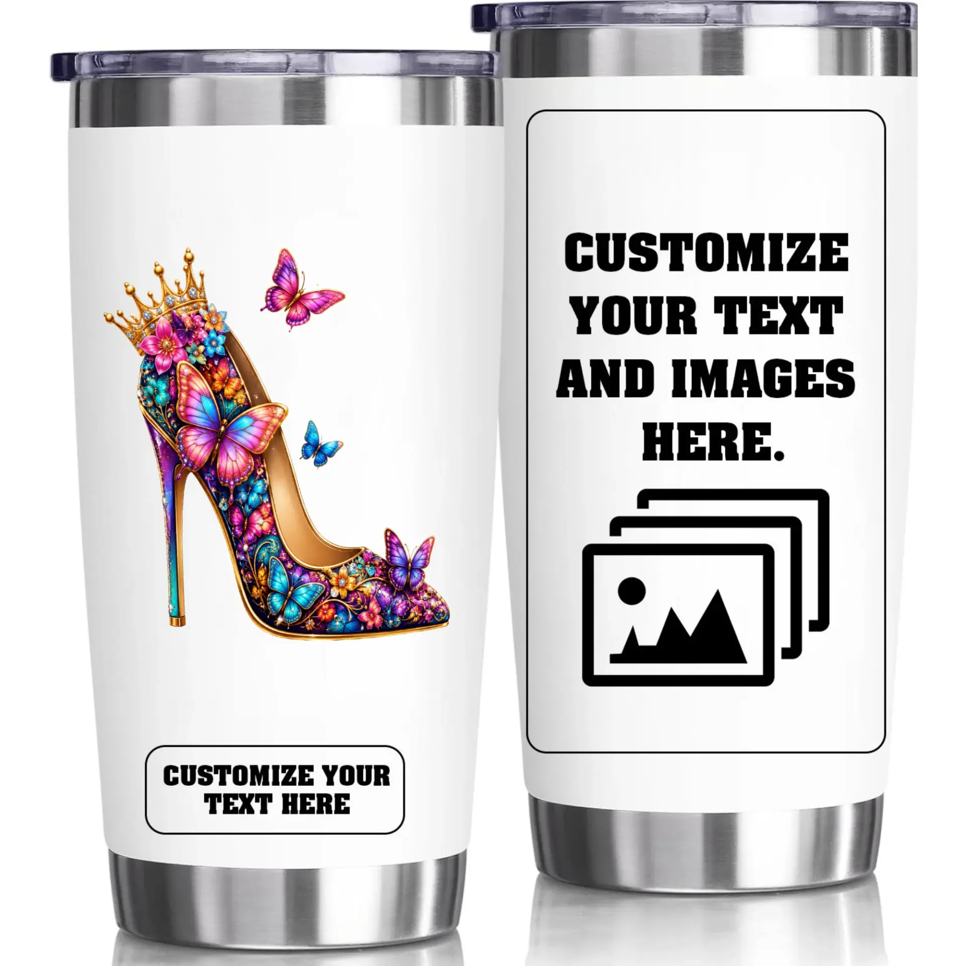 Stainless Steel Tumbler 20oz Insulated Travel Cup with Customizable High Heel Butterfly Graphic Print Design