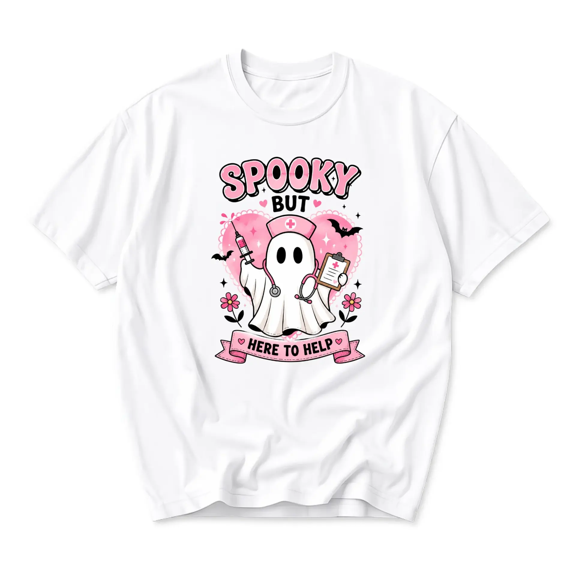 Graphic Tee Spooky but Here to Help Nurse Ghost T-Shirt Cute Halloween Medical Themed Unisex Cotton Crew Neck Top