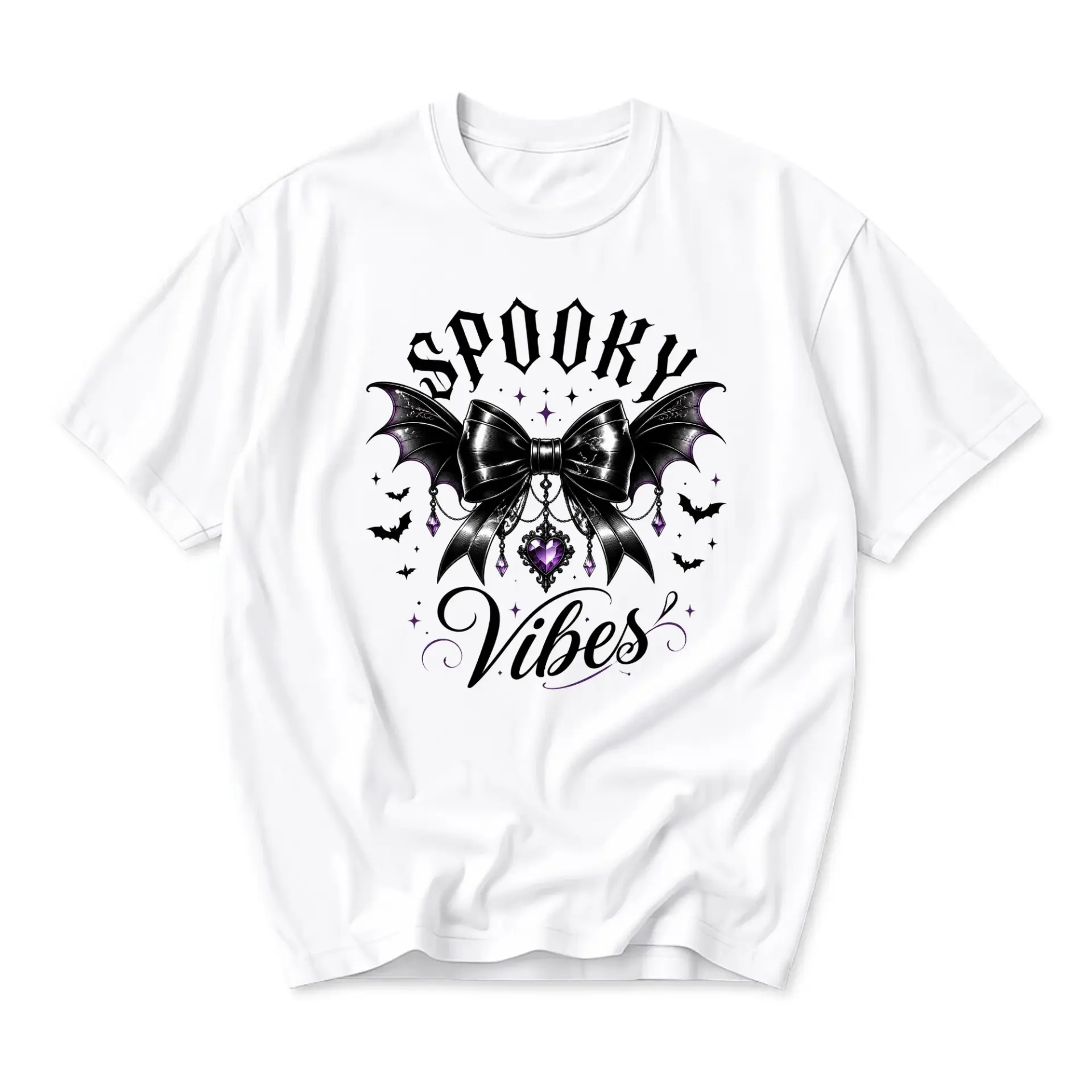 Graphic Tee Spooky Vibes Gothic Bat Bow Print Unisex Casual Crew Neck T-Shirt Soft Cotton Blend Top for Everyday Wear